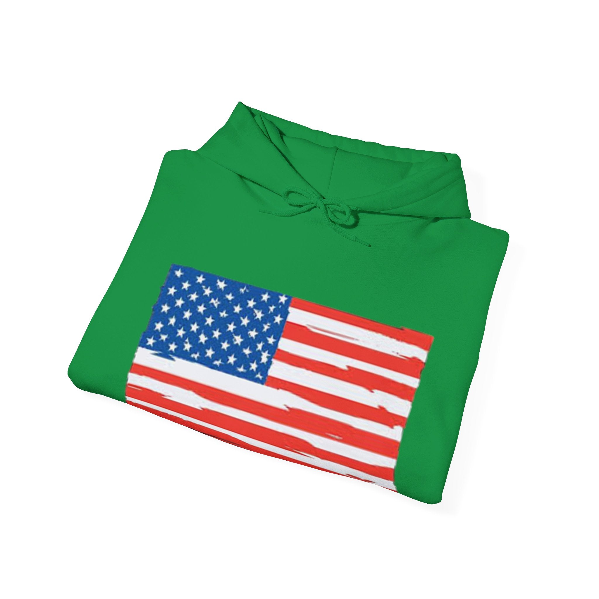 A cozy American Flag Hoodie featuring a bold flag design, spacious kangaroo pocket, and color-matched drawstring, perfect for showcasing patriotism.