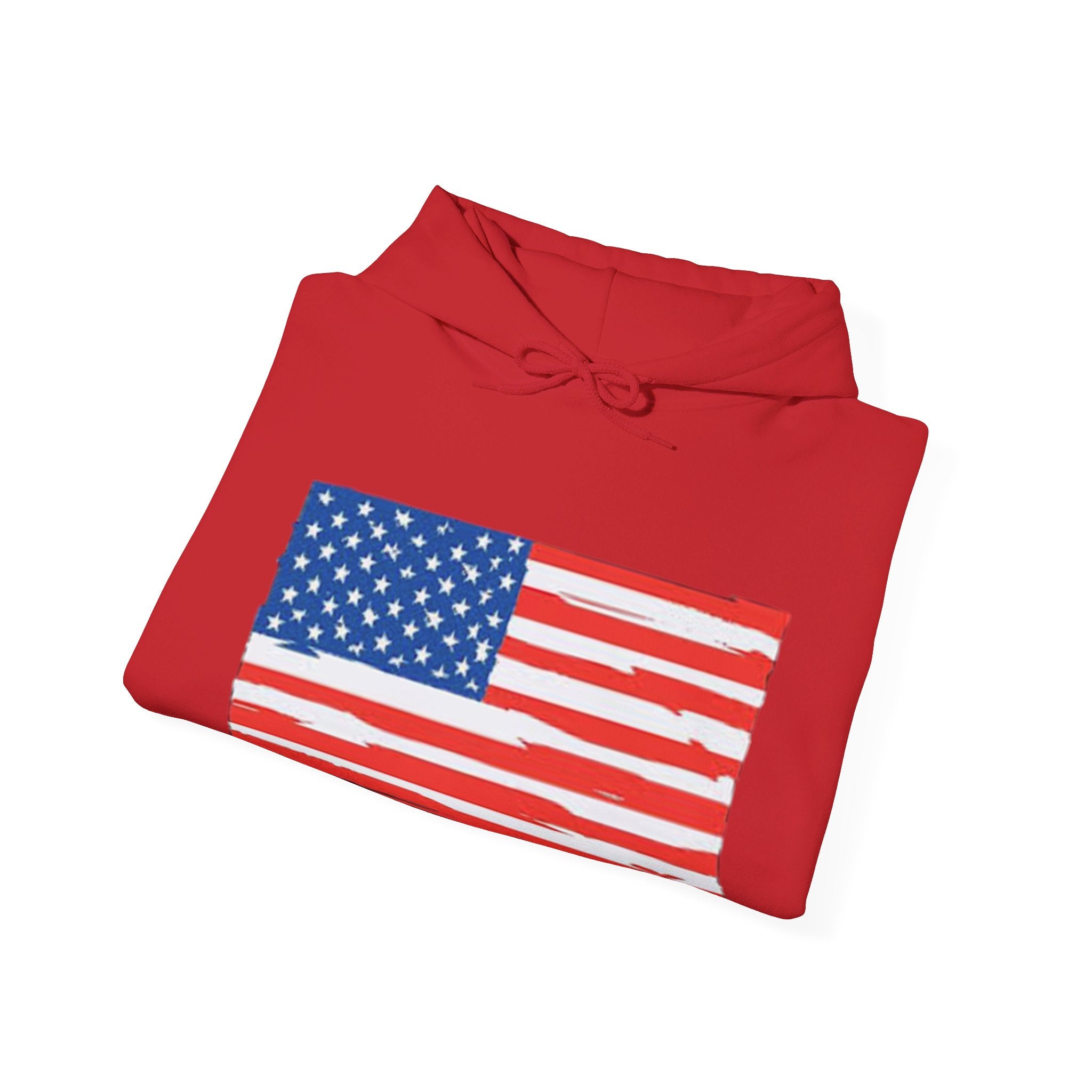 A cozy American Flag Hoodie featuring a bold flag design, spacious kangaroo pocket, and color-matched drawstring, perfect for showcasing patriotism.