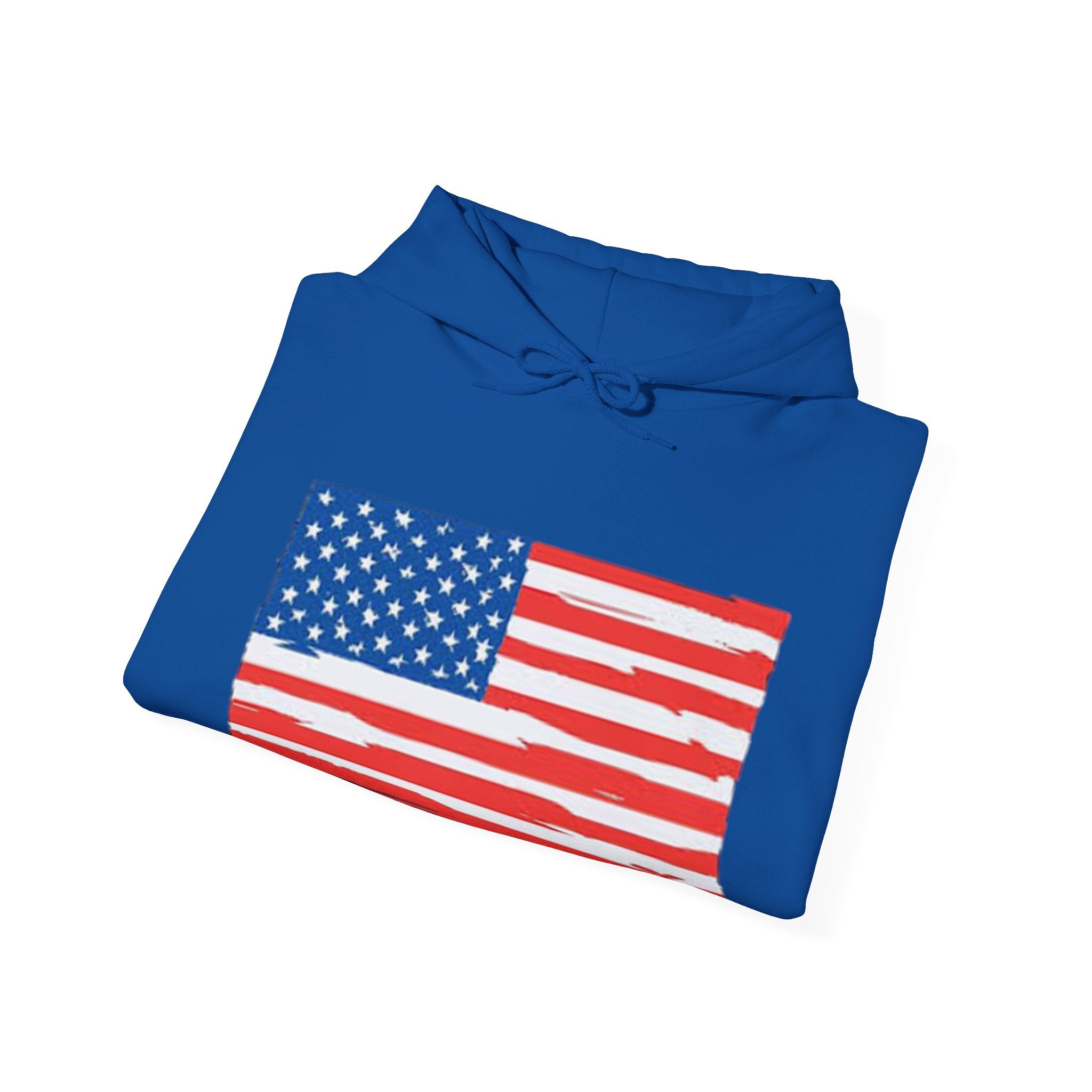 A cozy American Flag Hoodie featuring a bold flag design, spacious kangaroo pocket, and color-matched drawstring, perfect for showcasing patriotism.