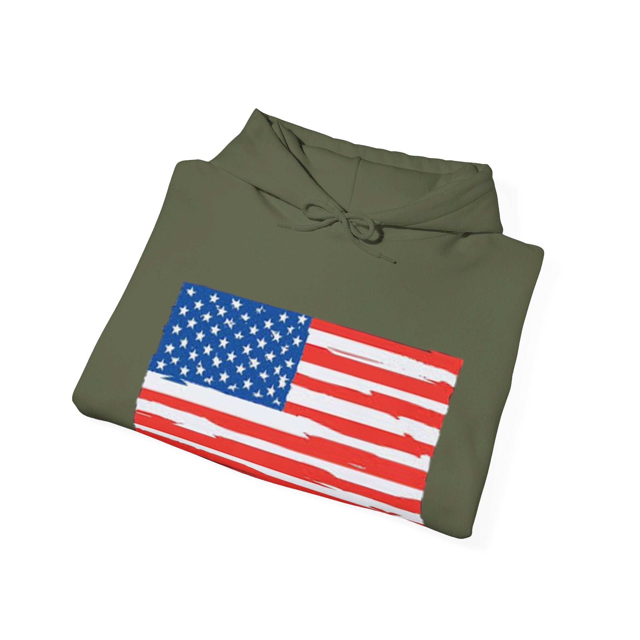 A cozy American Flag Hoodie featuring a bold flag design, spacious kangaroo pocket, and color-matched drawstring, perfect for showcasing patriotism.
