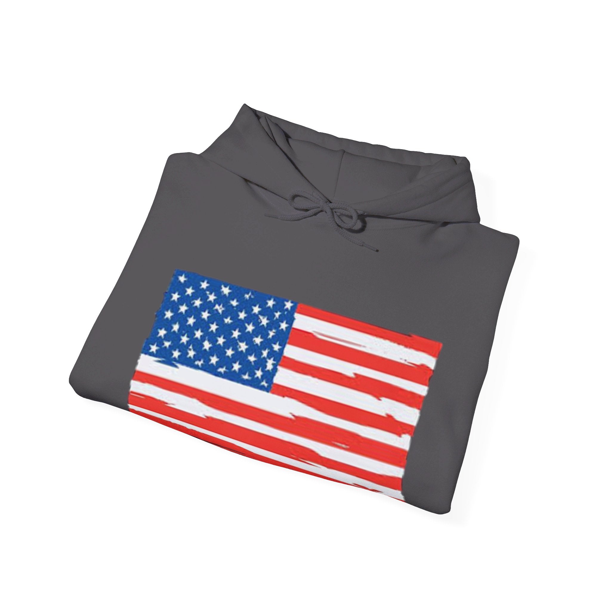 A cozy American Flag Hoodie featuring a bold flag design, spacious kangaroo pocket, and color-matched drawstring, perfect for showcasing patriotism.
