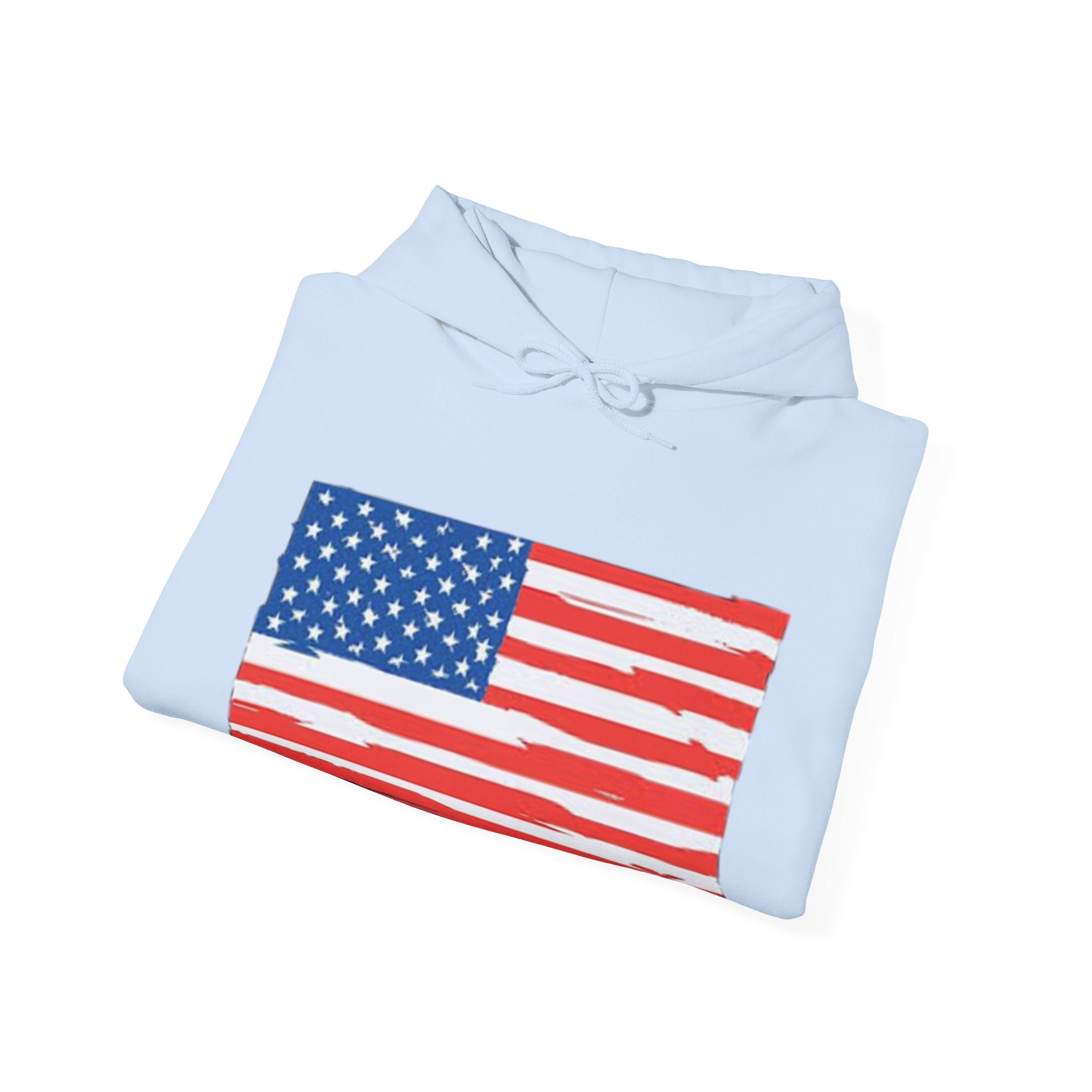 A cozy American Flag Hoodie featuring a bold flag design, spacious kangaroo pocket, and color-matched drawstring, perfect for showcasing patriotism.