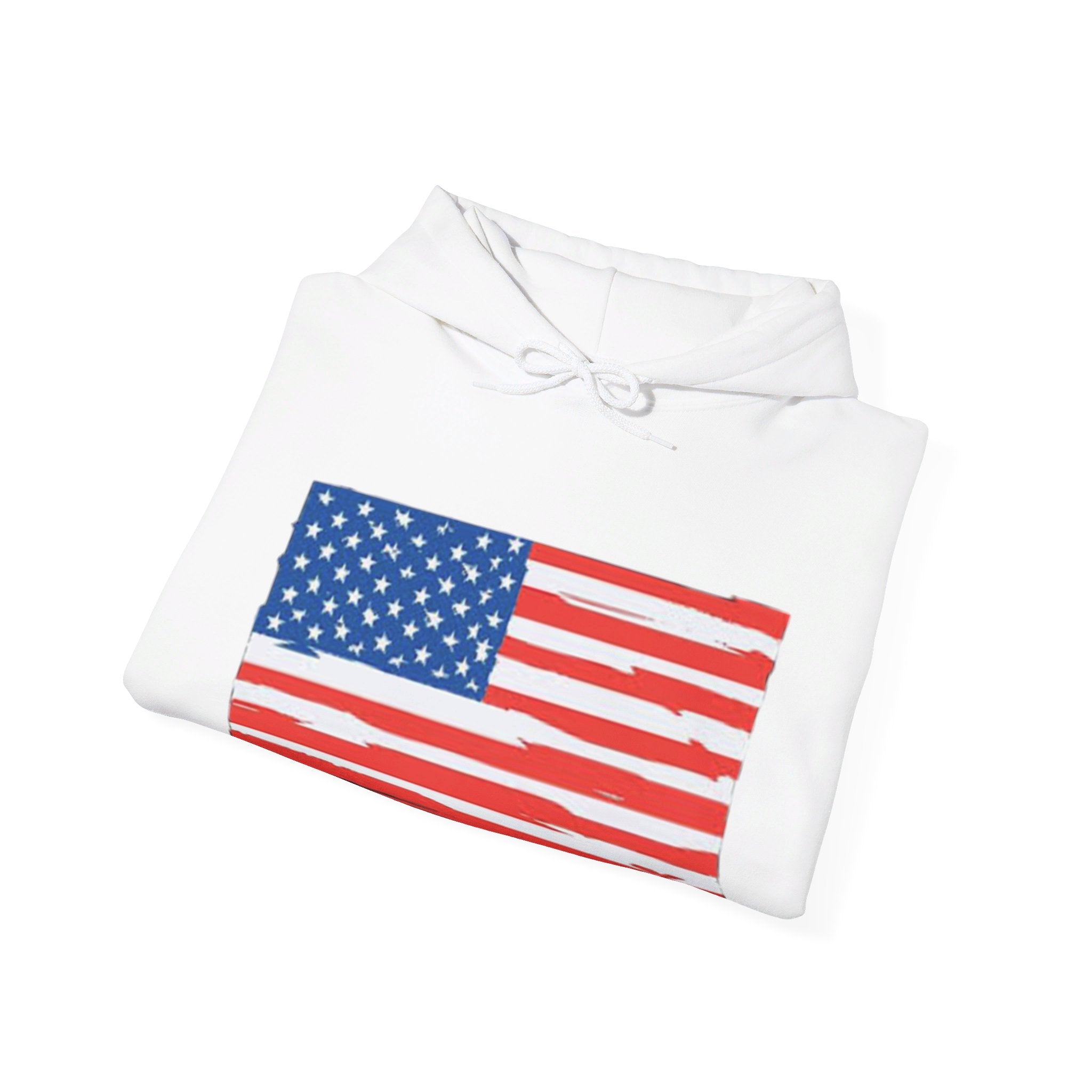 A cozy American Flag Hoodie featuring a bold flag design, spacious kangaroo pocket, and color-matched drawstring, perfect for showcasing patriotism.