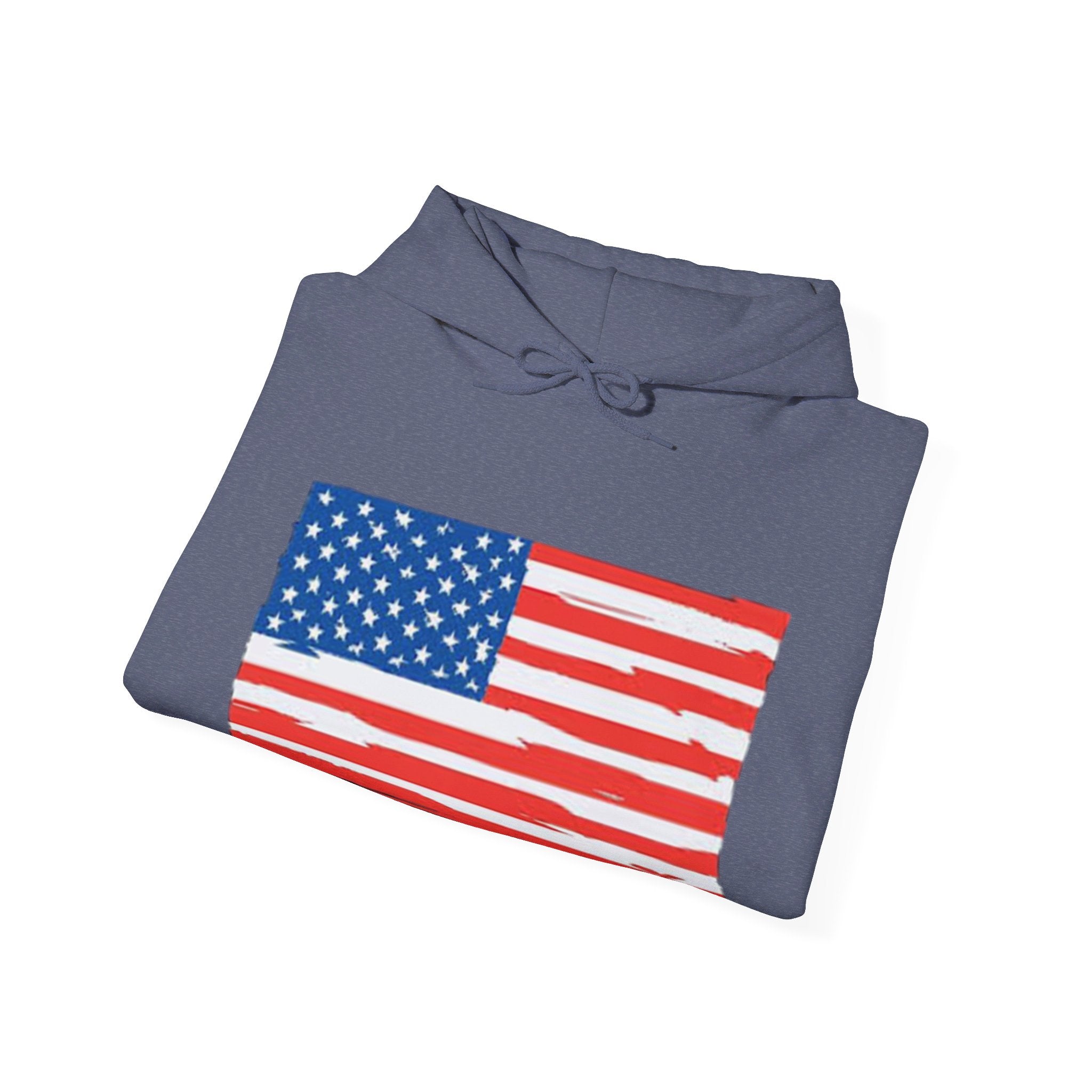 A cozy American Flag Hoodie featuring a bold flag design, spacious kangaroo pocket, and color-matched drawstring, perfect for showcasing patriotism.
