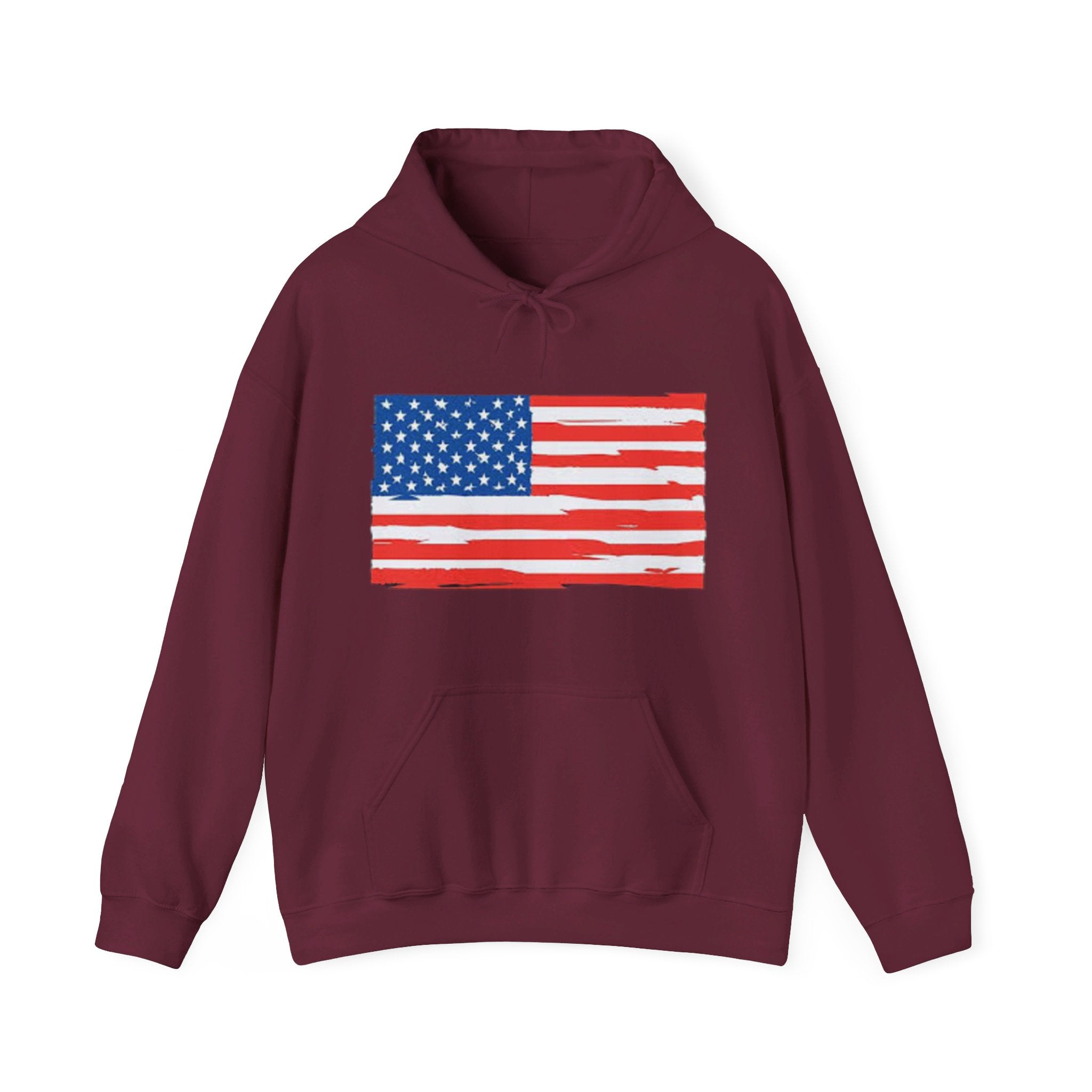 A cozy American Flag Hoodie featuring a bold flag design, spacious kangaroo pocket, and color-matched drawstring, perfect for showcasing patriotism.