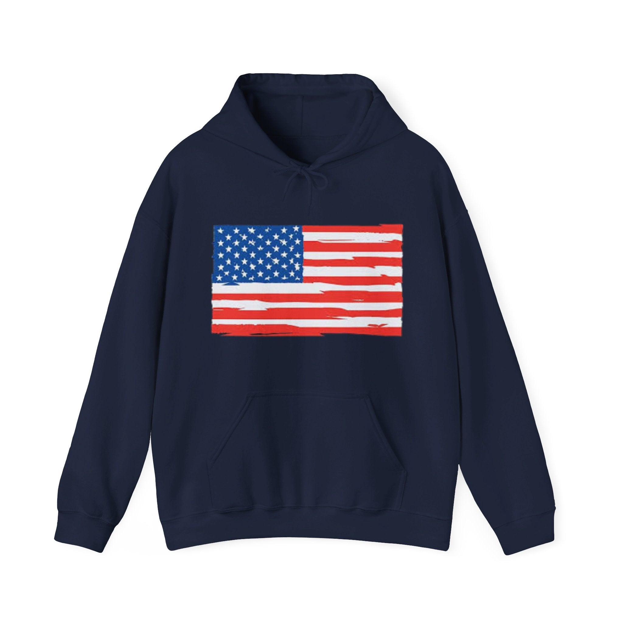 A cozy American Flag Hoodie featuring a bold flag design, spacious kangaroo pocket, and color-matched drawstring, perfect for showcasing patriotism.