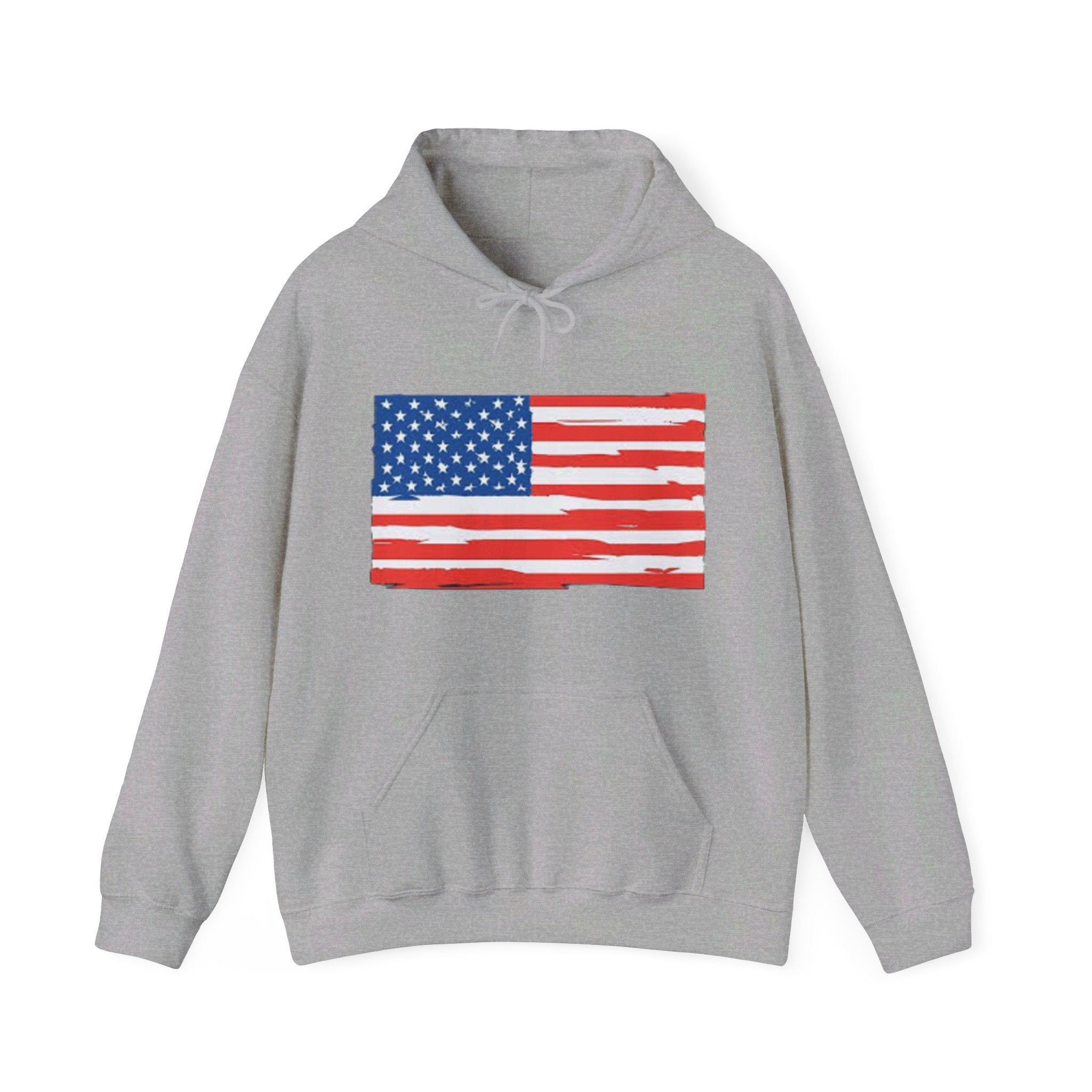 A cozy American Flag Hoodie featuring a bold flag design, spacious kangaroo pocket, and color-matched drawstring, perfect for showcasing patriotism.