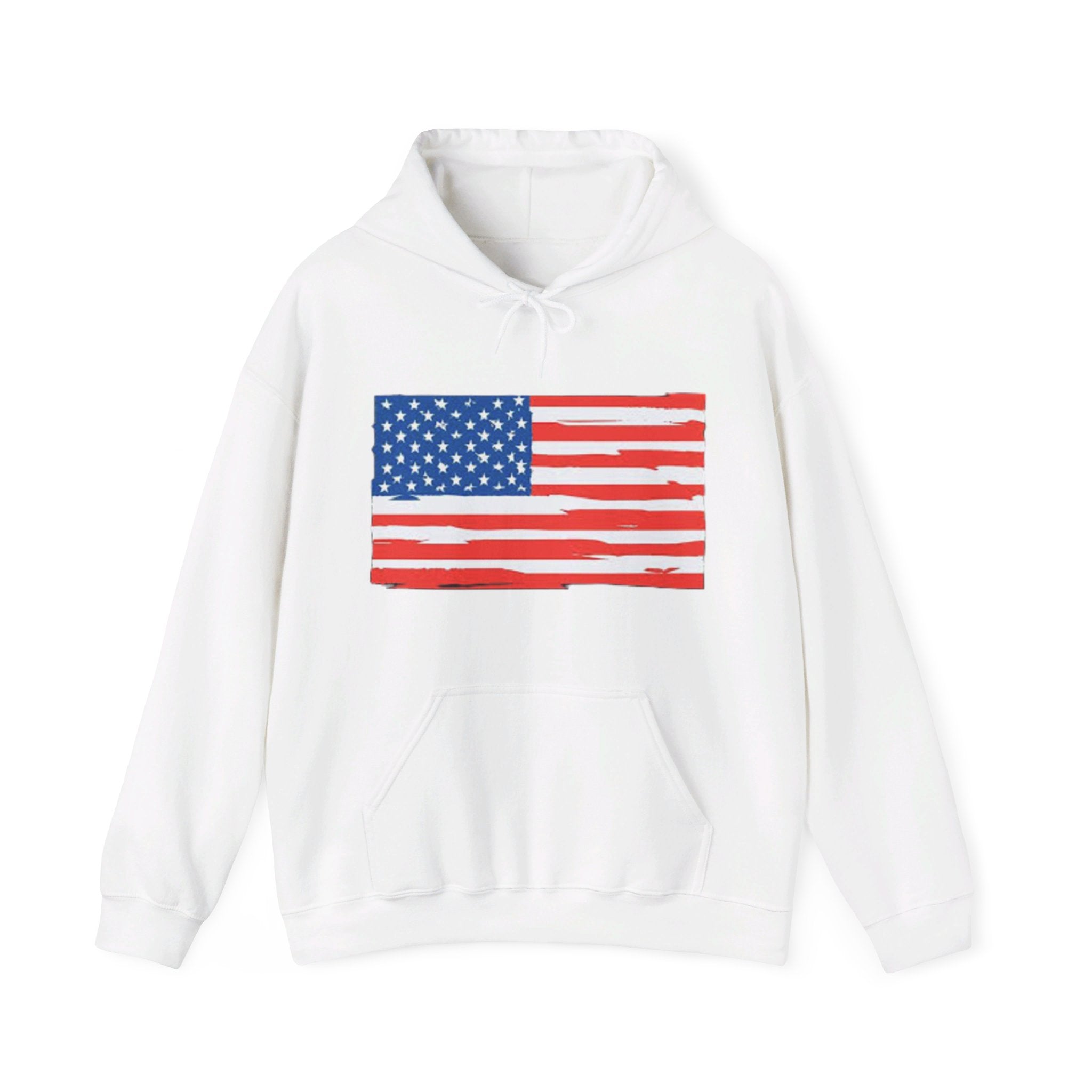 A cozy American Flag Hoodie featuring a bold flag design, spacious kangaroo pocket, and color-matched drawstring, perfect for showcasing patriotism.