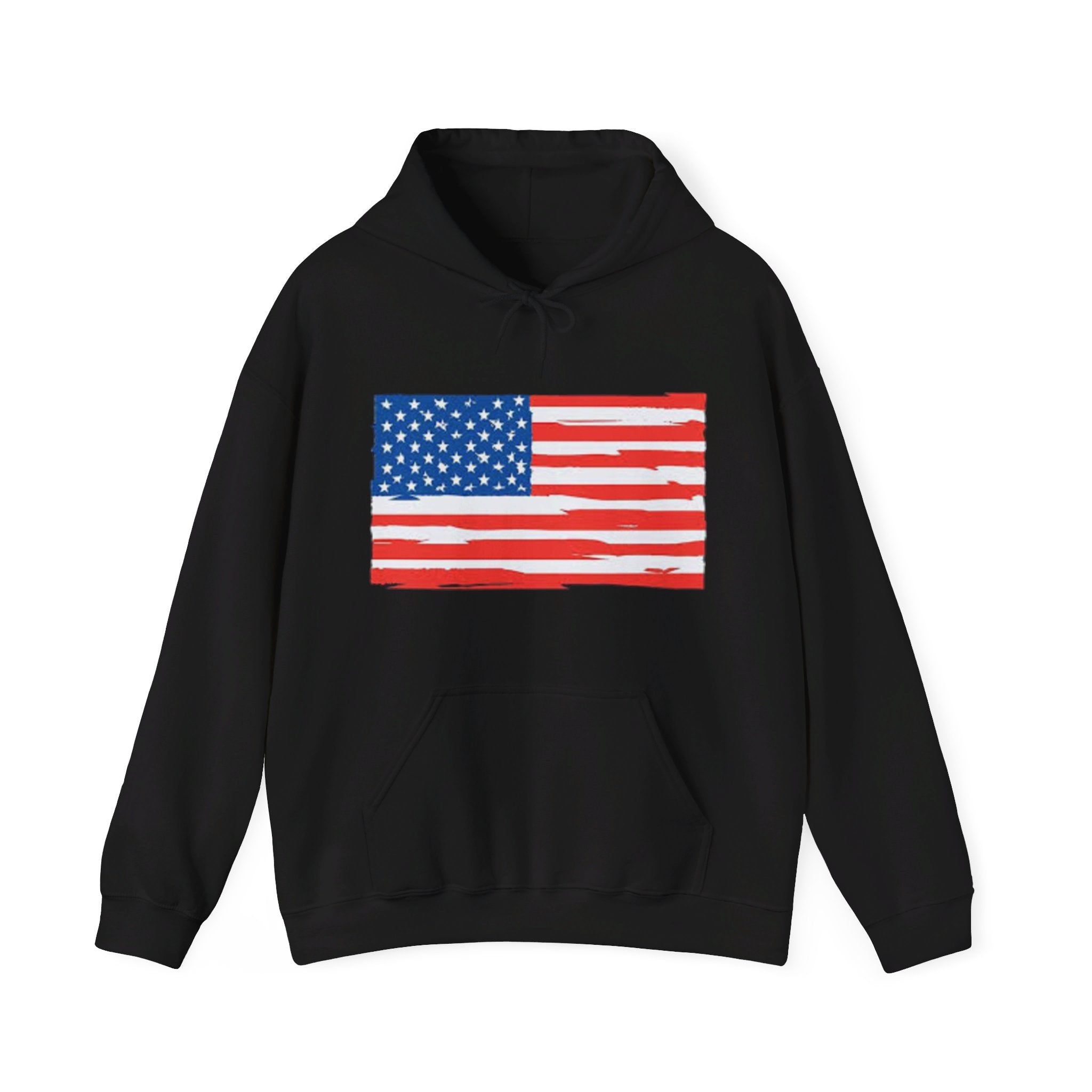 A cozy American Flag Hoodie featuring a bold flag design, spacious kangaroo pocket, and color-matched drawstring, perfect for showcasing patriotism.