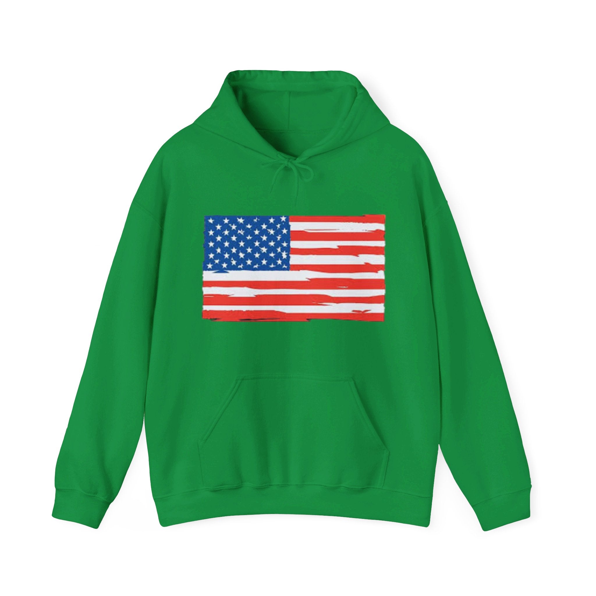 A cozy American Flag Hoodie featuring a bold flag design, spacious kangaroo pocket, and color-matched drawstring, perfect for showcasing patriotism.