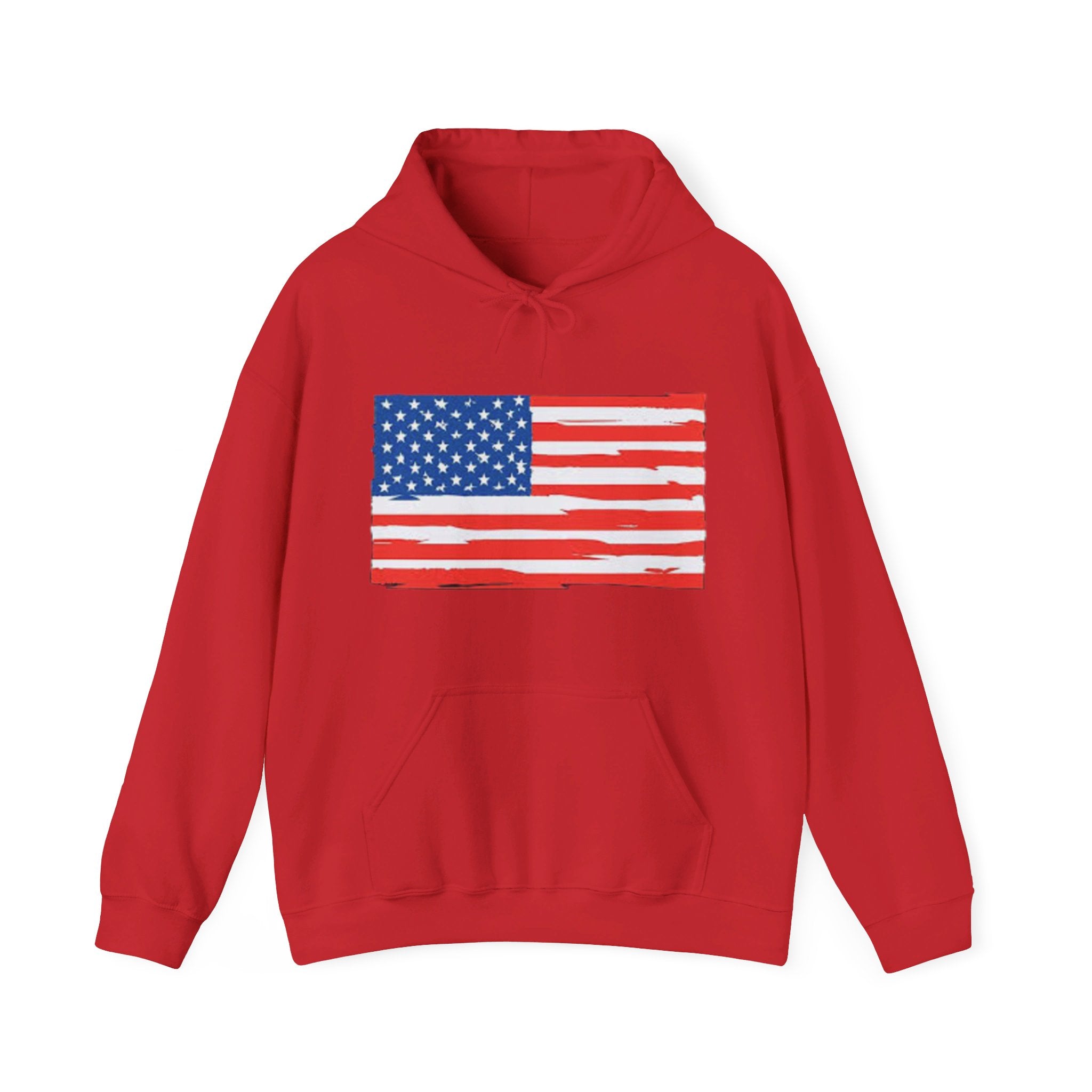 A cozy American Flag Hoodie featuring a bold flag design, spacious kangaroo pocket, and color-matched drawstring, perfect for showcasing patriotism.
