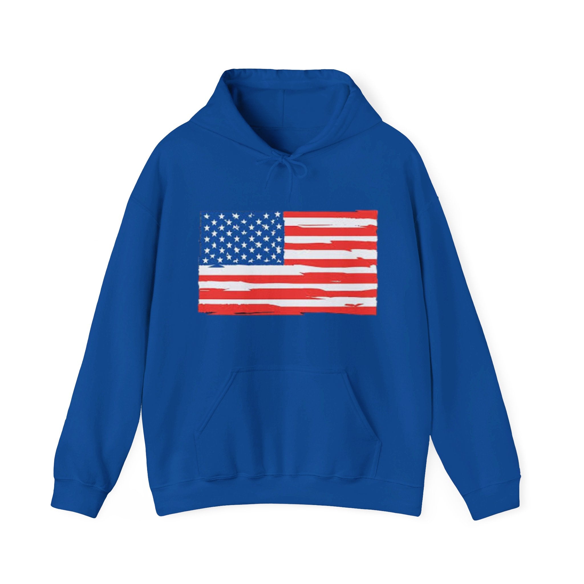 A cozy American Flag Hoodie featuring a bold flag design, spacious kangaroo pocket, and color-matched drawstring, perfect for showcasing patriotism.