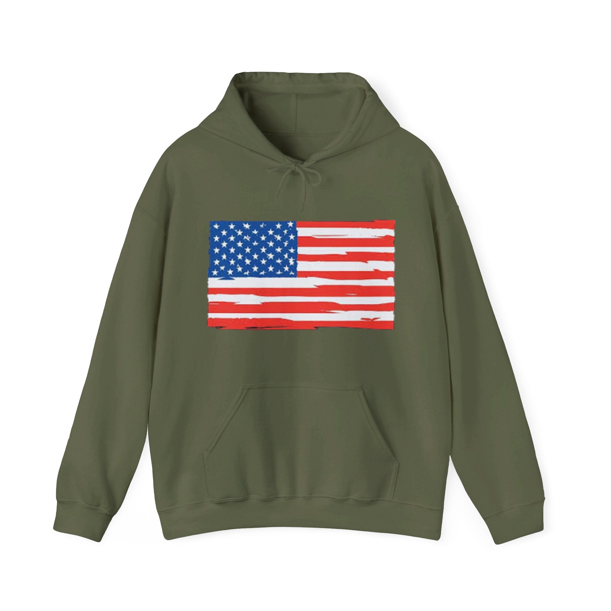 A cozy American Flag Hoodie featuring a bold flag design, spacious kangaroo pocket, and color-matched drawstring, perfect for showcasing patriotism.