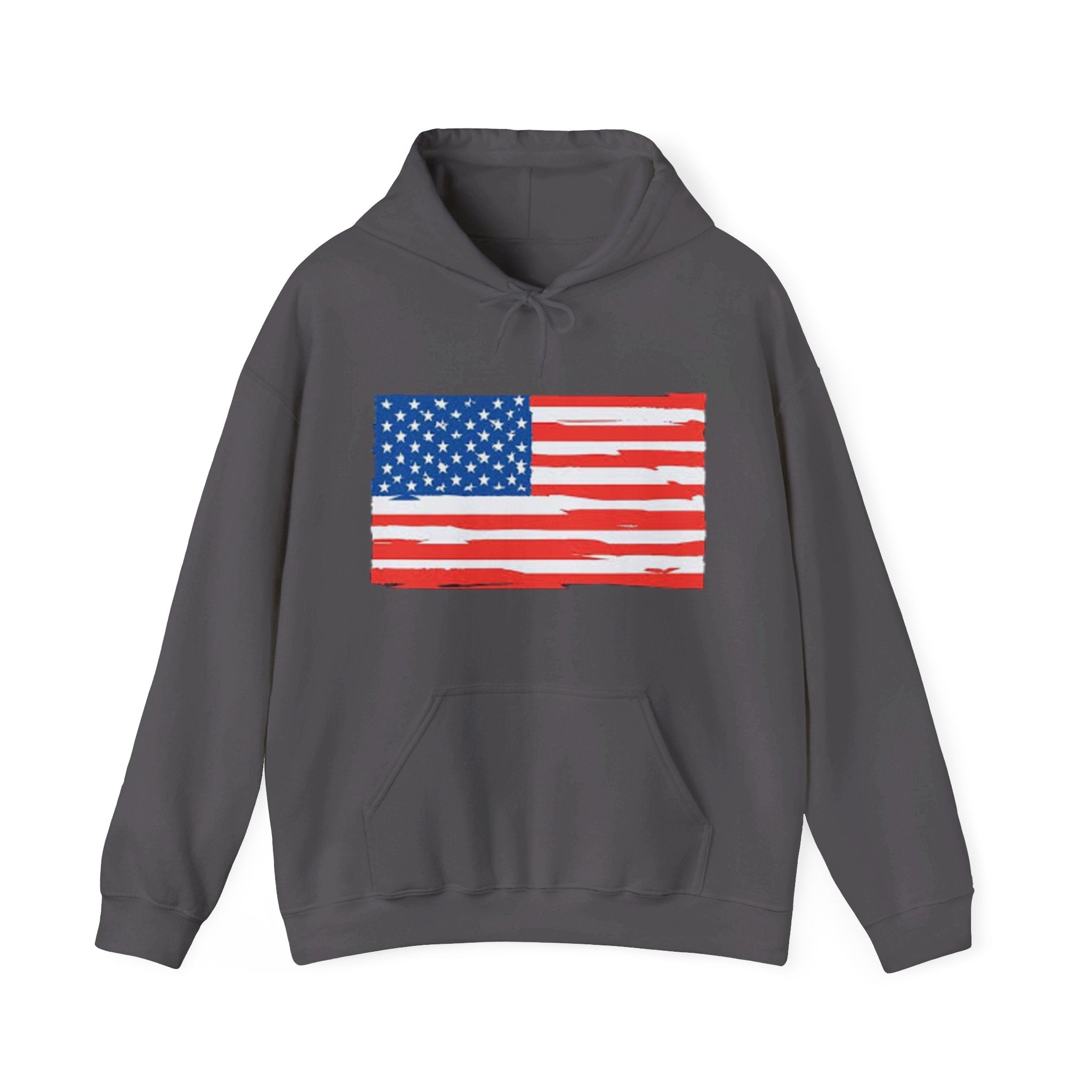 A cozy American Flag Hoodie featuring a bold flag design, spacious kangaroo pocket, and color-matched drawstring, perfect for showcasing patriotism.
