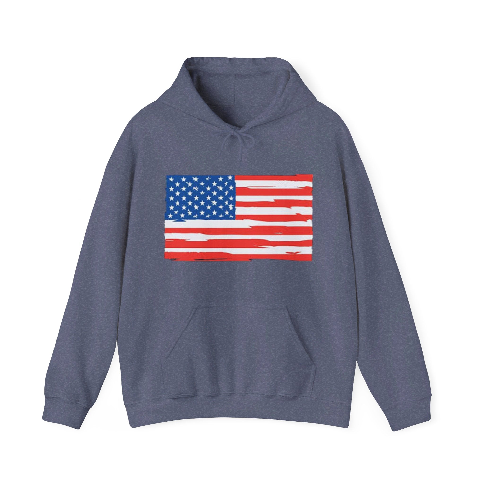A cozy American Flag Hoodie featuring a bold flag design, spacious kangaroo pocket, and color-matched drawstring, perfect for showcasing patriotism.