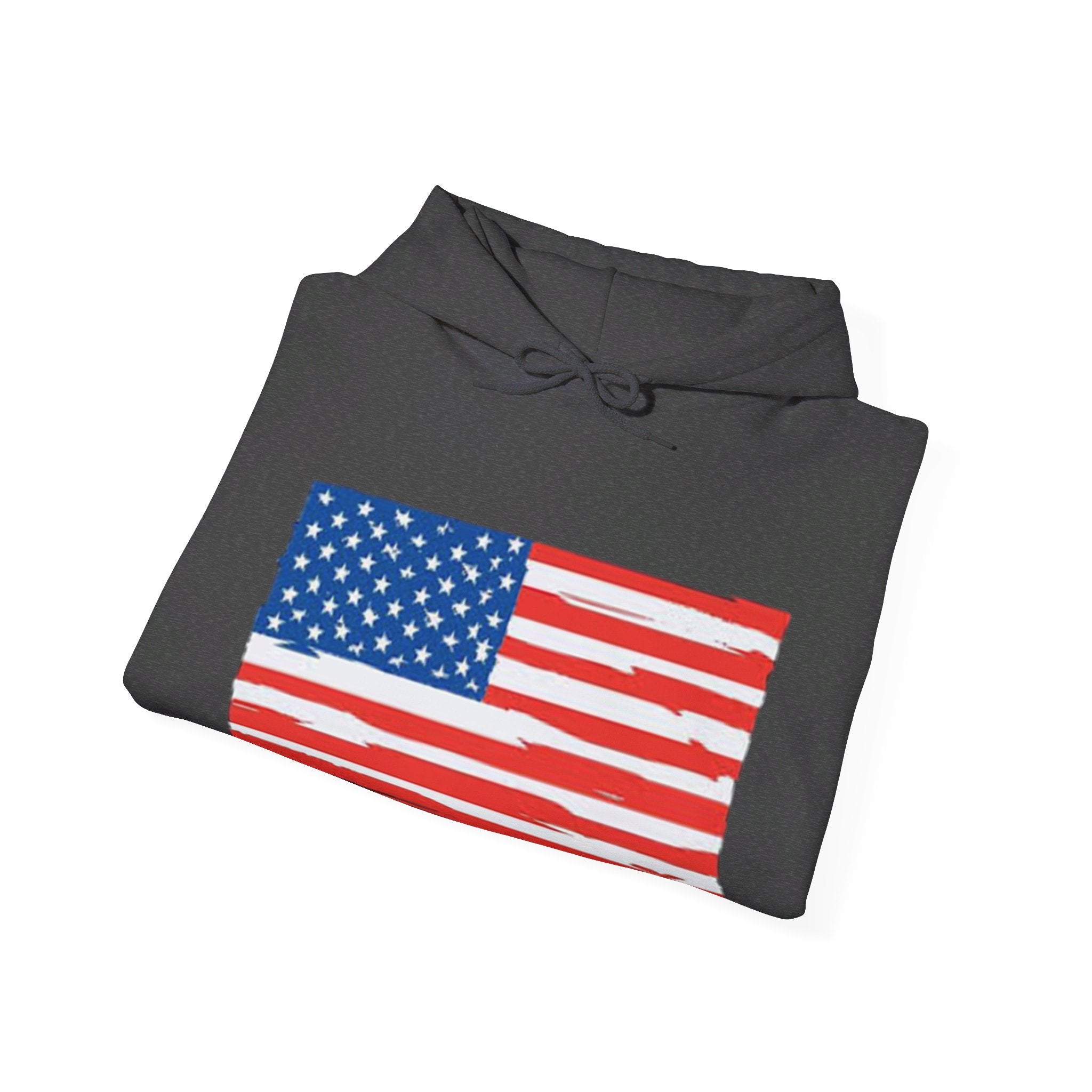A cozy American Flag Hoodie featuring a bold flag design, spacious kangaroo pocket, and color-matched drawstring, perfect for showcasing patriotism.