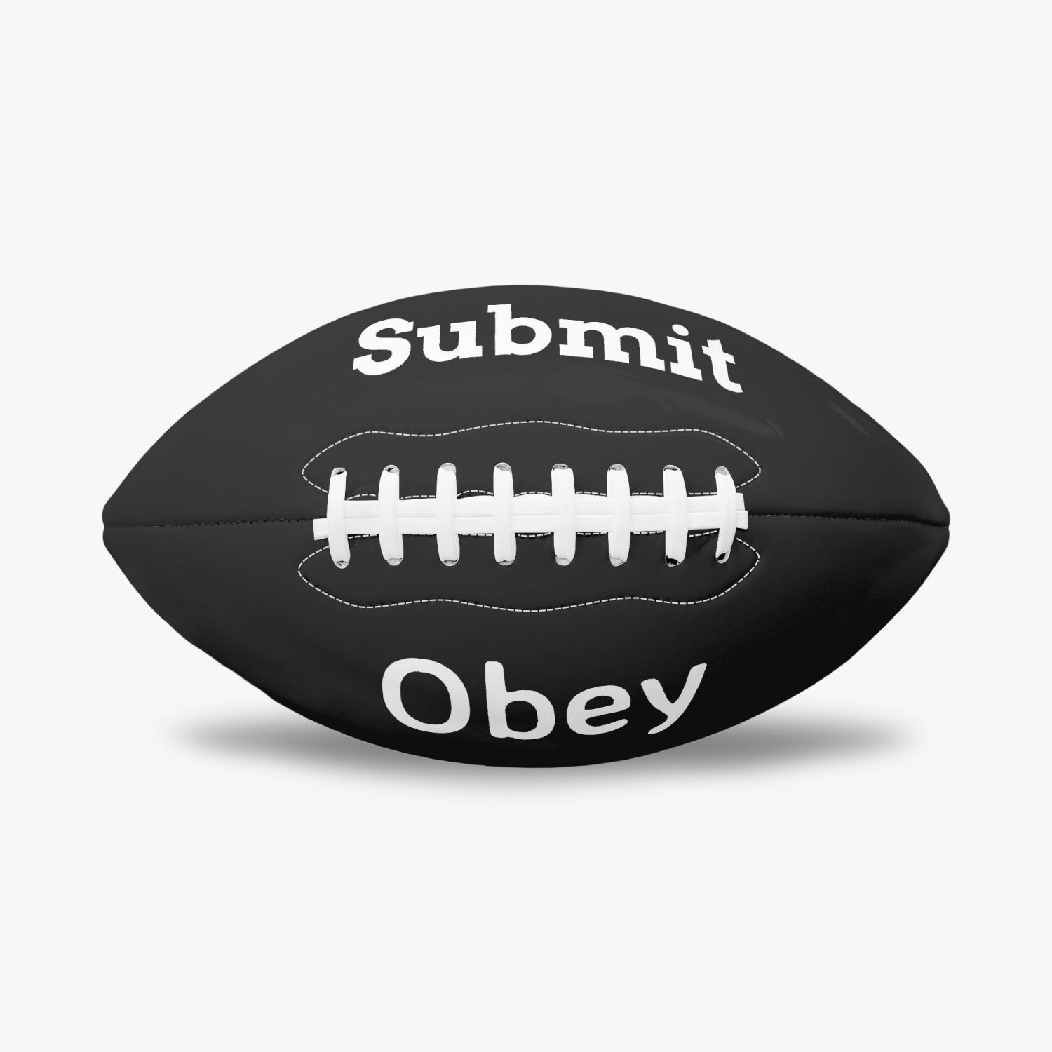 American football featuring a unique two-panel design with 'Obey and Submit' printed, made from durable PVC and PU leather.