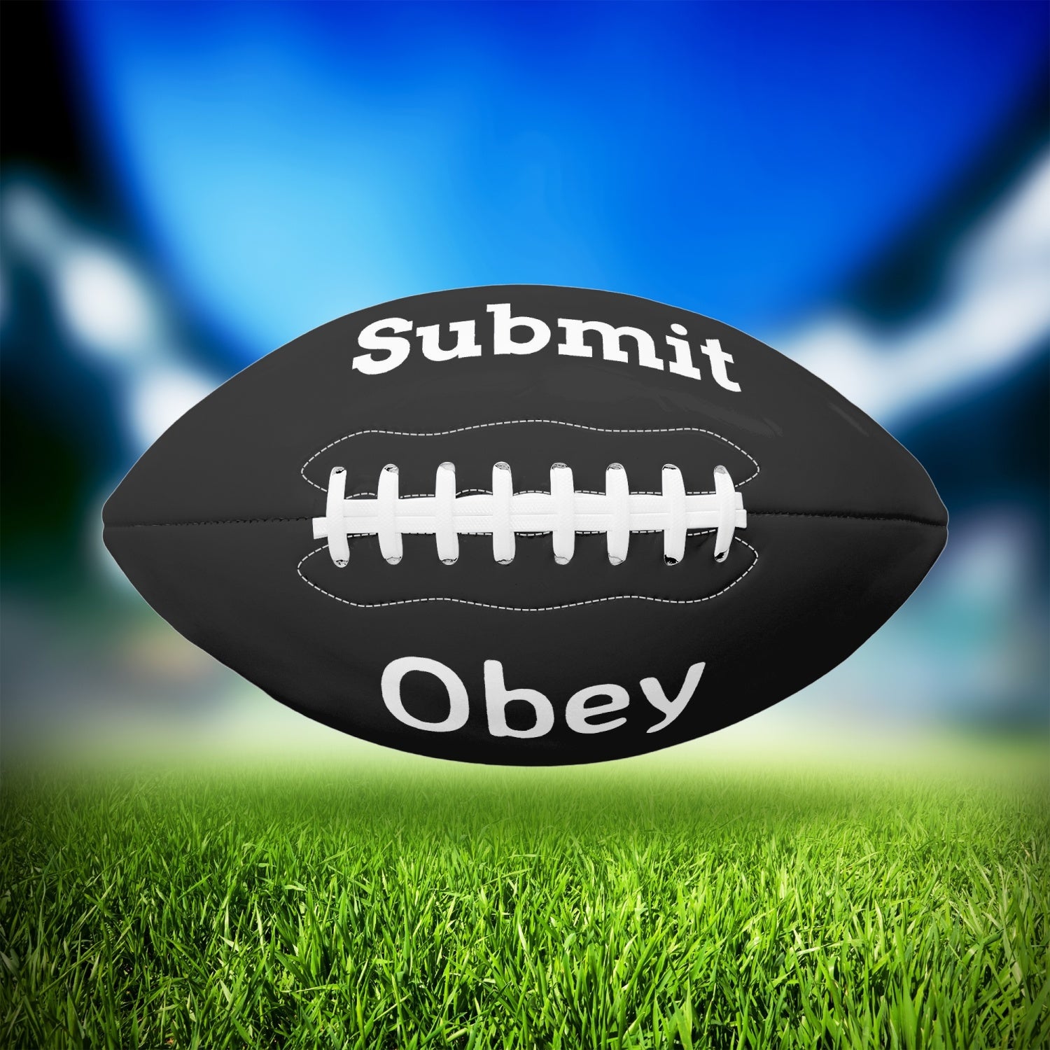 American football featuring a unique two-panel design with 'Obey and Submit' printed, made from durable PVC and PU leather.