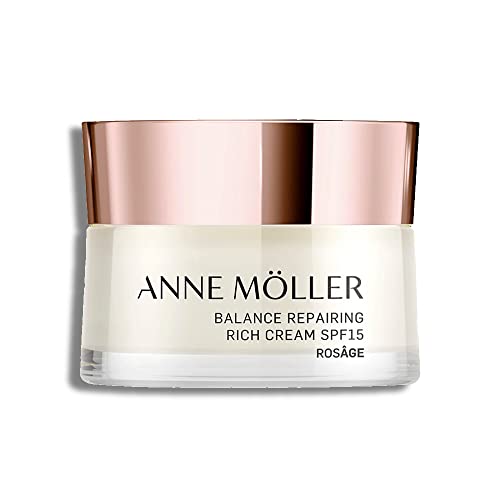 Anne Möller Rosâge Balance Repairing Rich Cream SPF15 in a sleek jar, showcasing its rich texture and sun protection benefits.