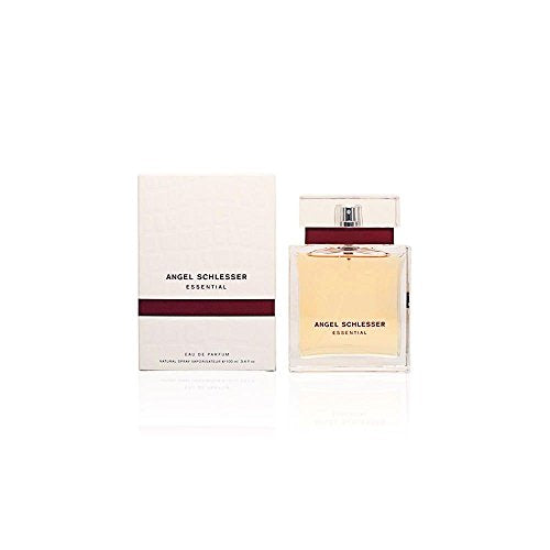 Angel Schlesser Essential Eau de Parfum bottle elegantly displayed with a floral background.