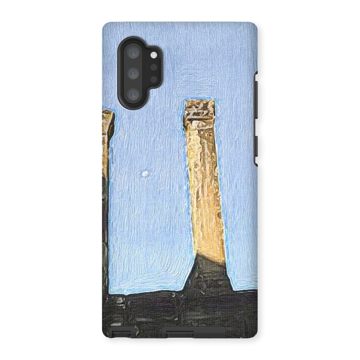Angkor Wat Tough Phone Case showcasing its dual-layered design with impact-resistant plastic and flexible silicone inner layer.