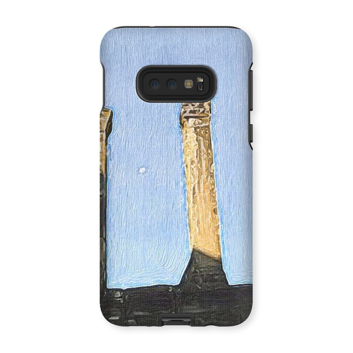 Angkor Wat Tough Phone Case showcasing its dual-layered design with impact-resistant plastic and flexible silicone inner layer.