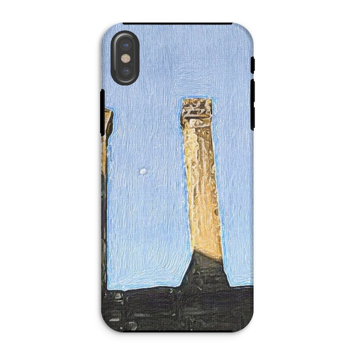 Angkor Wat Tough Phone Case showcasing its dual-layered design with impact-resistant plastic and flexible silicone inner layer.