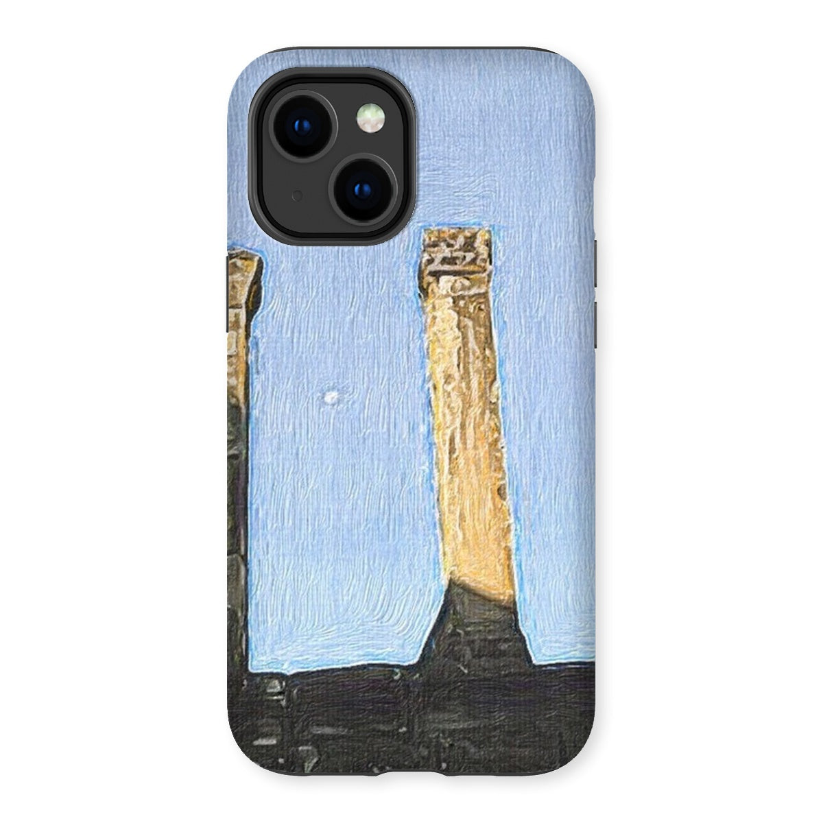 Angkor Wat Tough Phone Case showcasing its dual-layered design with impact-resistant plastic and flexible silicone inner layer.