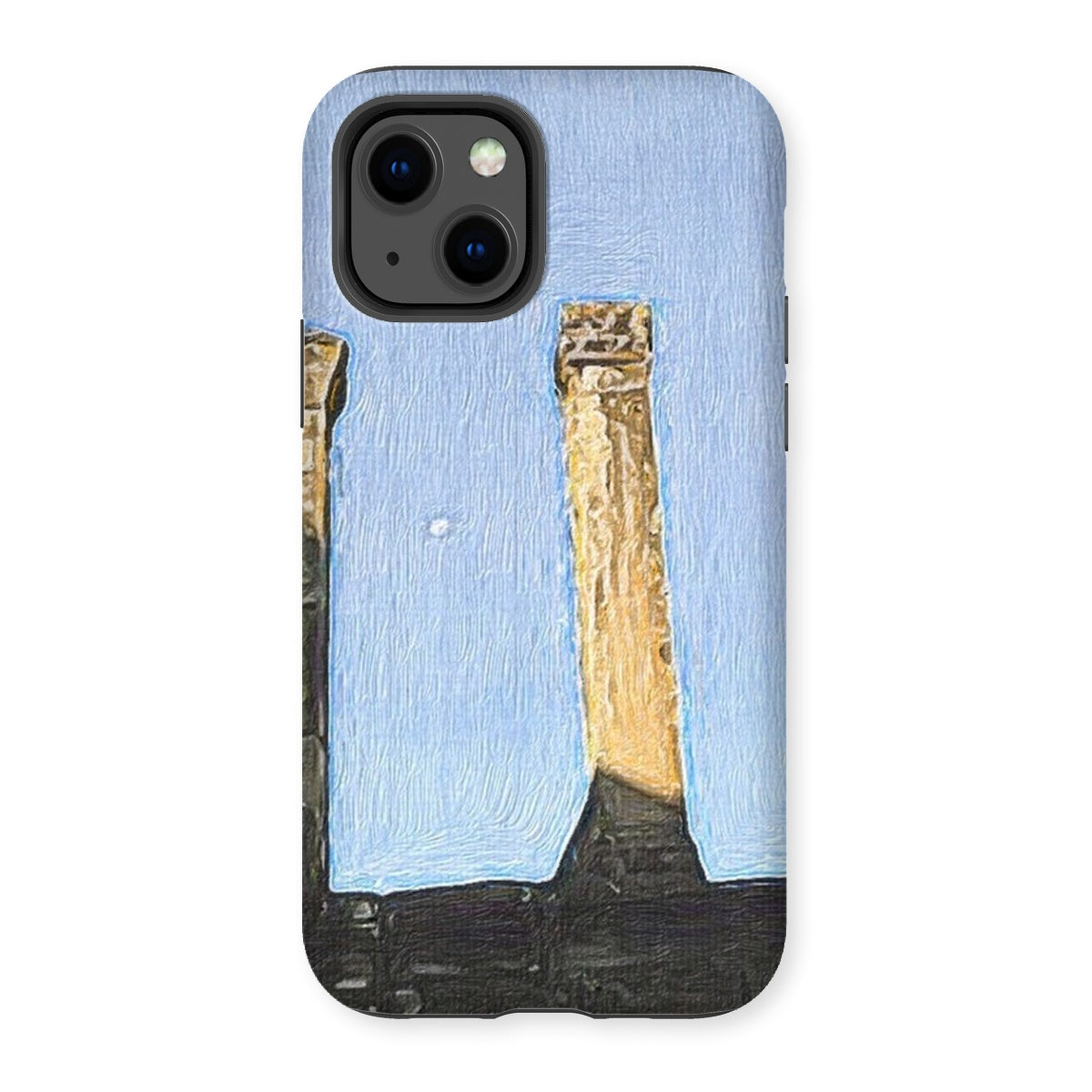 Angkor Wat Tough Phone Case showcasing its dual-layered design with impact-resistant plastic and flexible silicone inner layer.