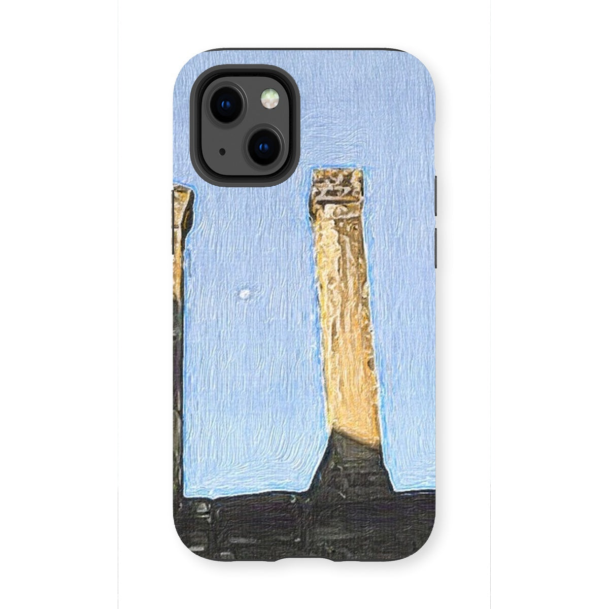 Angkor Wat Tough Phone Case showcasing its dual-layered design with impact-resistant plastic and flexible silicone inner layer.