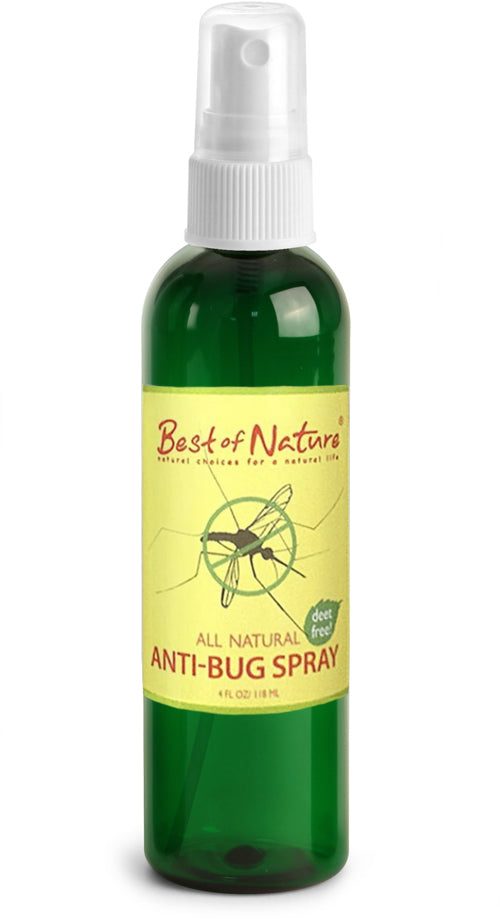 A 4 oz aluminum bottle of Anti Bug Spray featuring natural essential oils for insect repellent.
