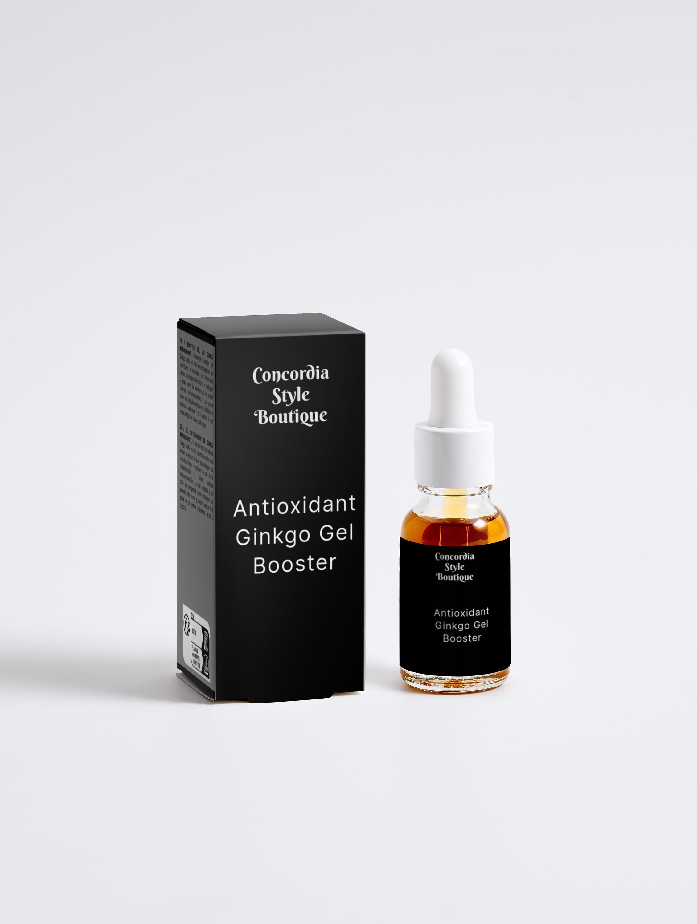 Antioxidant Ginkgo Gel Booster in a sleek white packaging, showcasing its natural ingredients and hydrating properties.
