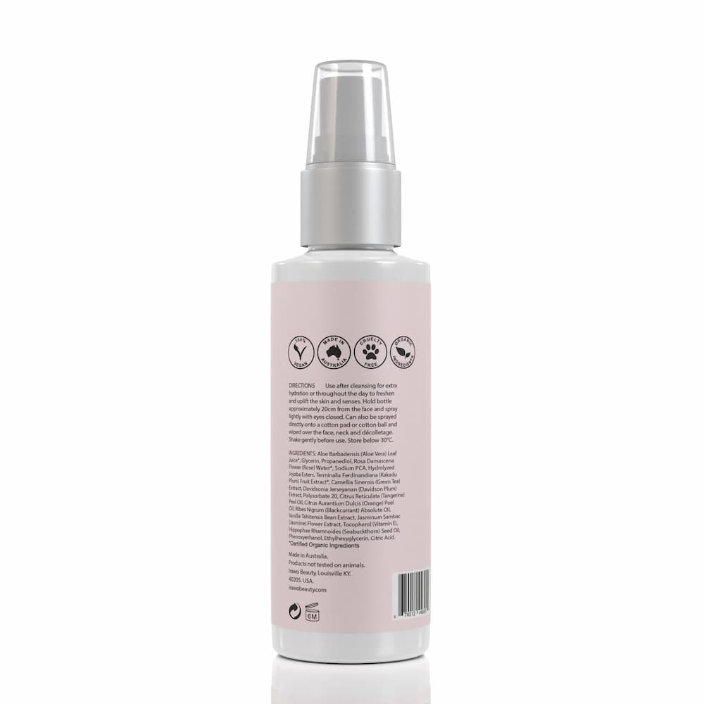 A bottle of Antioxidant Skin Perfecting Toner with a sleek design, featuring natural ingredients like Aloe Vera and Kakadu Plum.