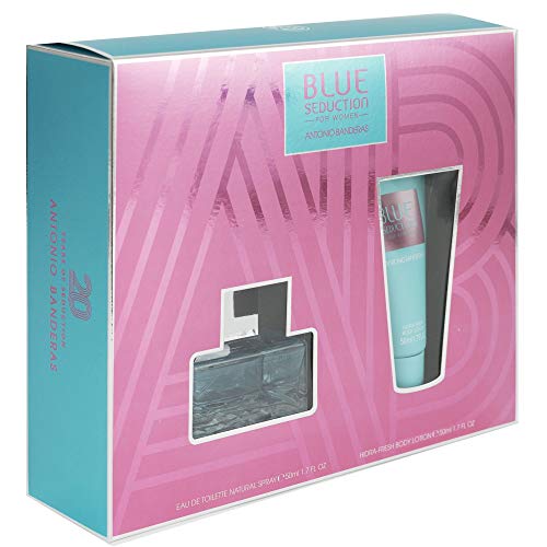 Antonio Banderas Blue Seduction for Women Gift Set featuring 50ml EDT and 50ml body lotion in elegant packaging.
