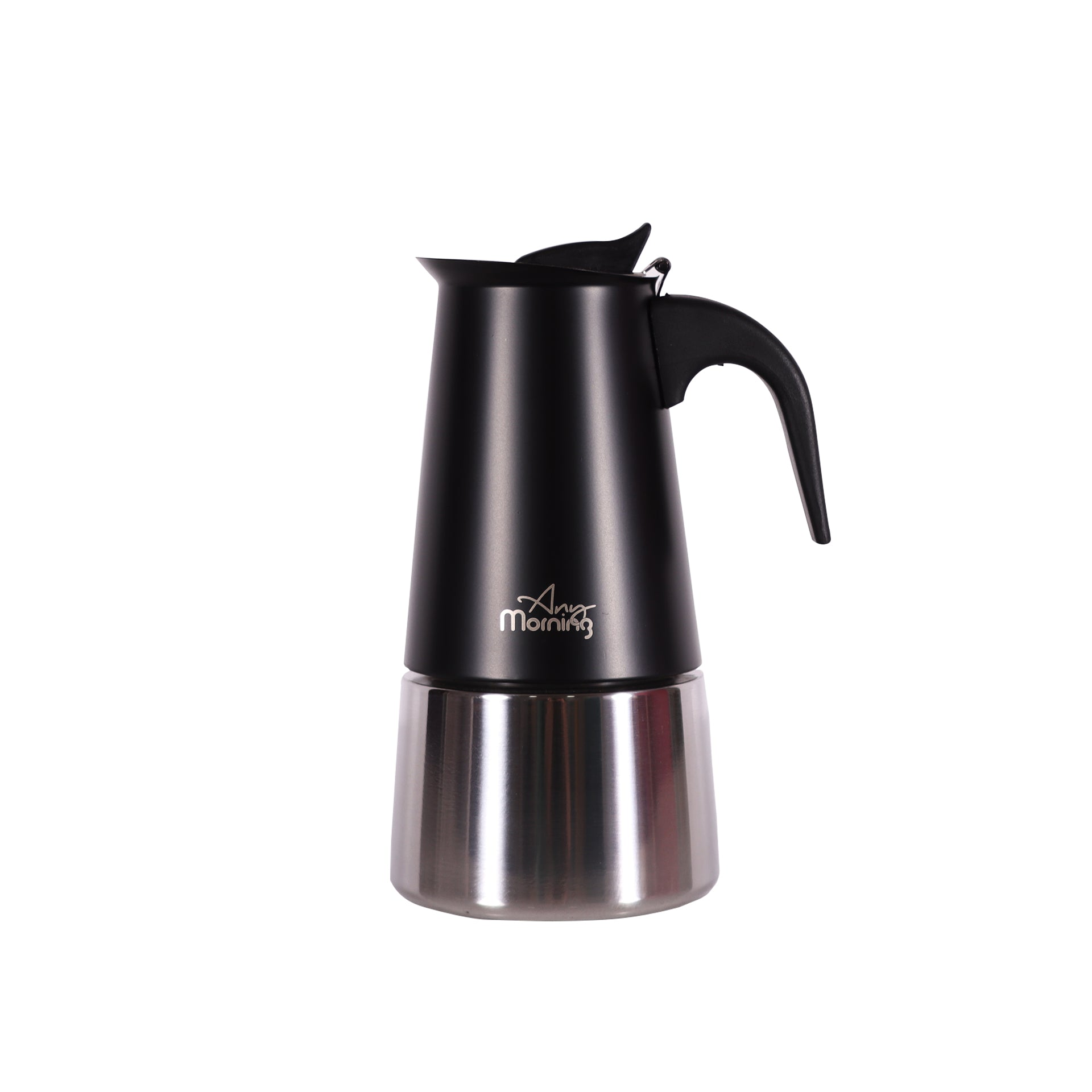 Any Morning Stovetop Espresso Coffee Maker made of stainless steel, showcasing its sleek design and durable construction.