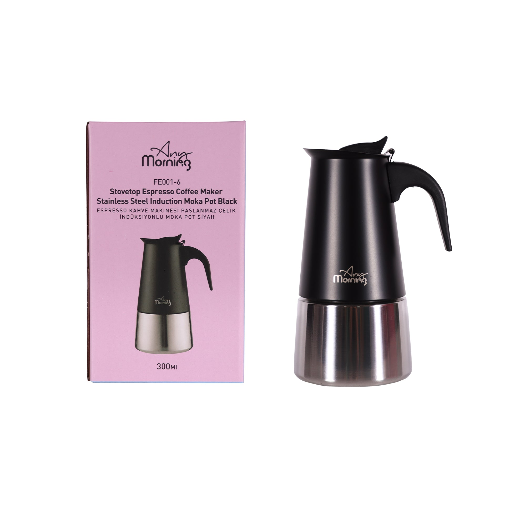 Any Morning Stovetop Espresso Coffee Maker made of stainless steel, showcasing its sleek design and durable construction.