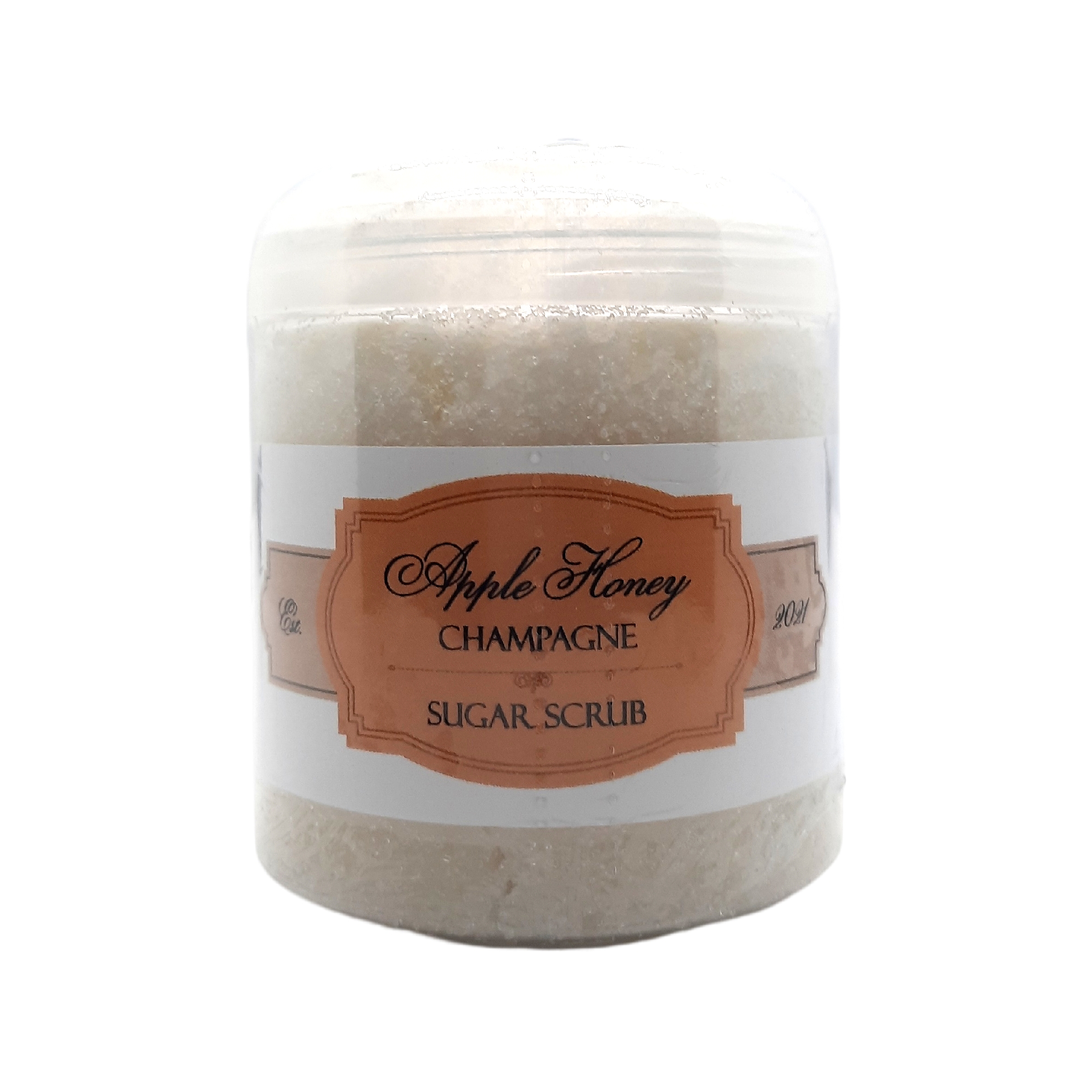 Apple Honey Champagne Sugar Scrub in a clear jar with a wooden spoon, showcasing its organic texture and natural ingredients.