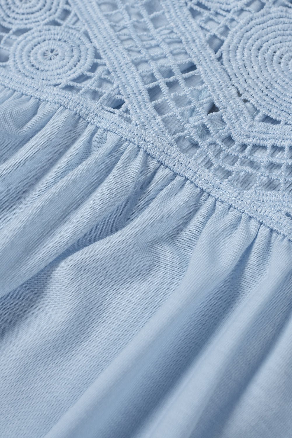 Apricot Crochet Lace Tank Top featuring delicate lace splicing and a flowy pleated design, perfect for summer wear.