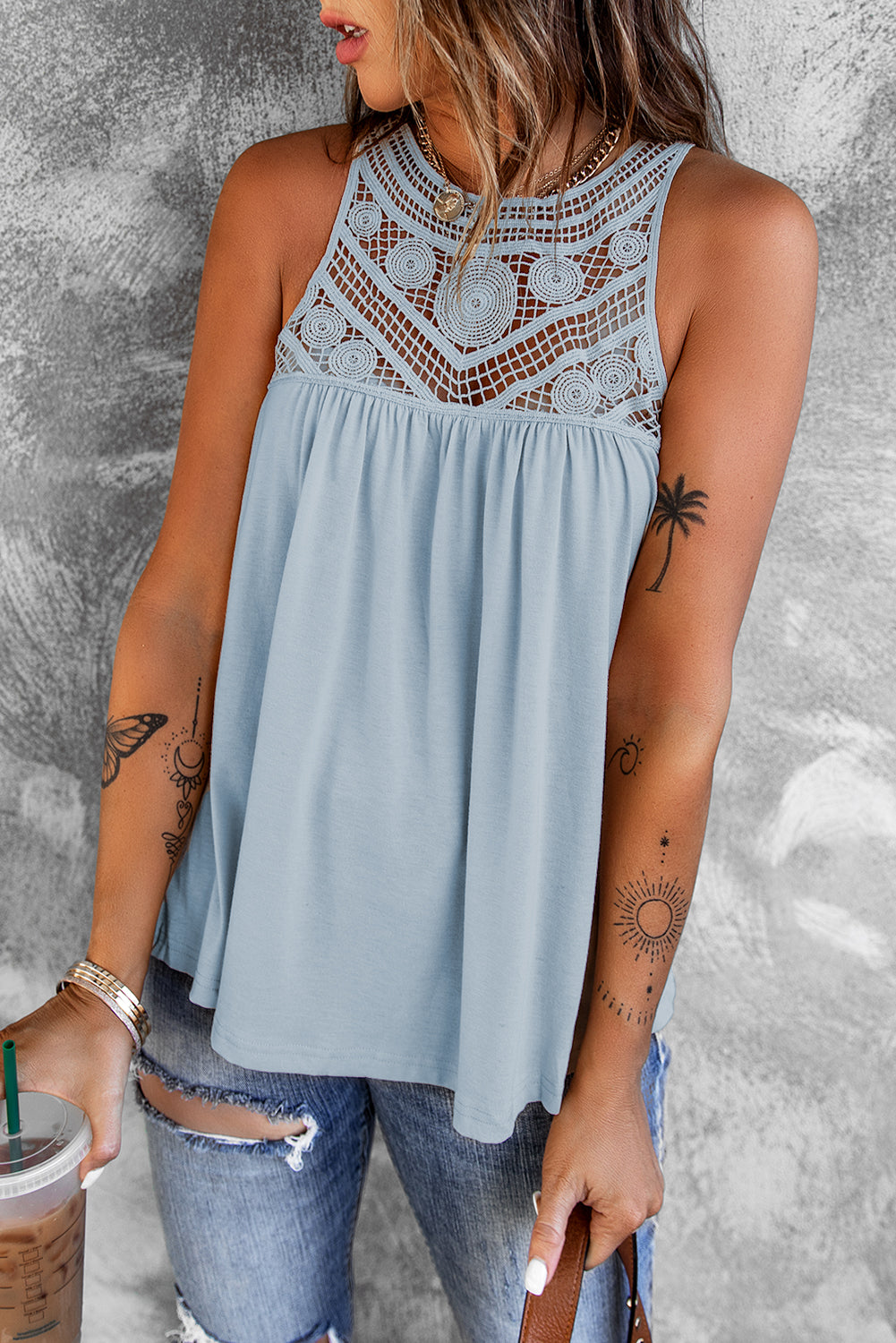 Apricot Crochet Lace Tank Top featuring delicate lace splicing and a flowy pleated design, perfect for summer wear.