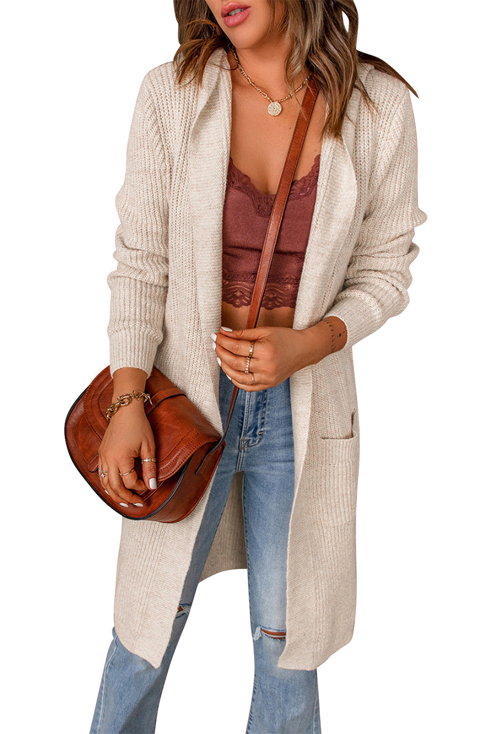 Apricot hooded cardigan with pockets, open front design, stylish knitted fabric, perfect for casual wear.
