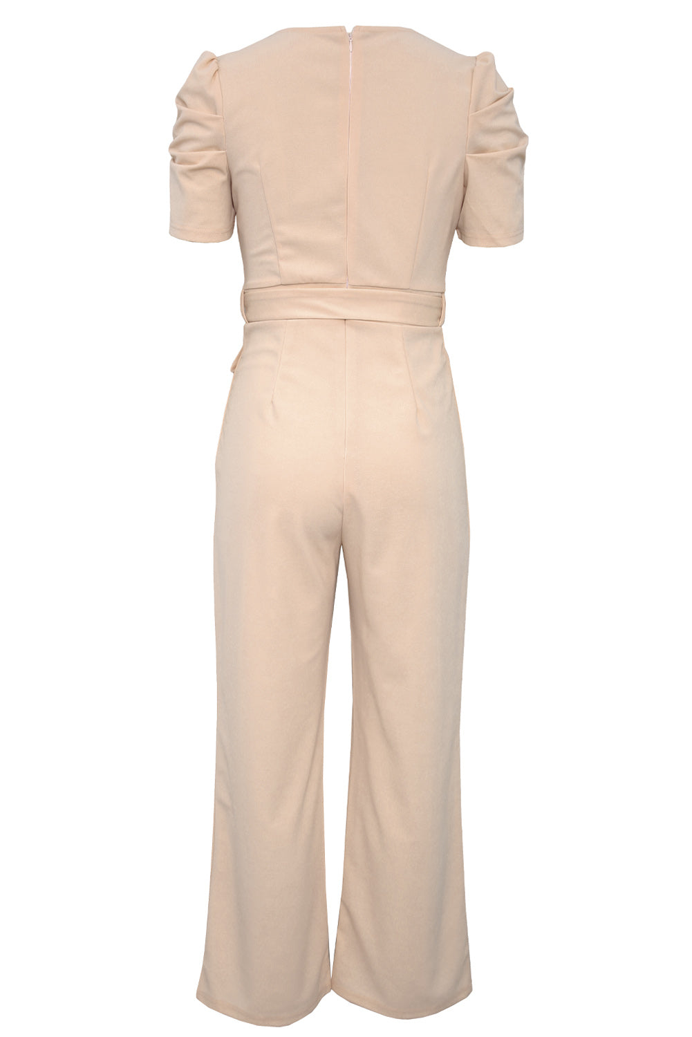 Apricot straight leg jumpsuit with knotted high waist and short sleeves, showcasing a stylish v-neck design.