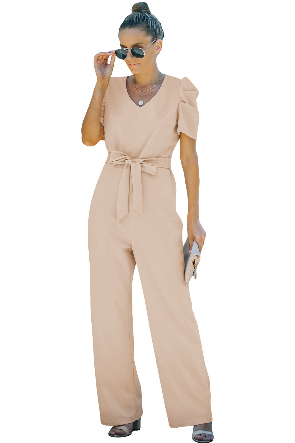 Apricot straight leg jumpsuit with knotted high waist and short sleeves, showcasing a stylish v-neck design.