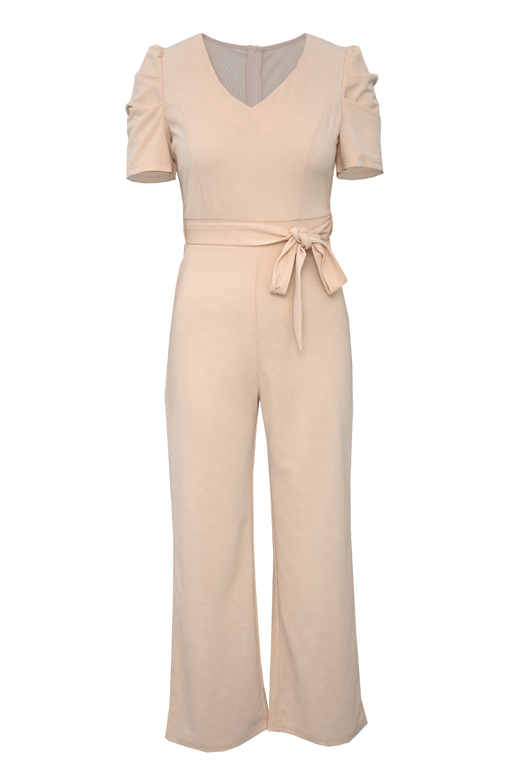 Apricot straight leg jumpsuit with knotted high waist and short sleeves, showcasing a stylish v-neck design.