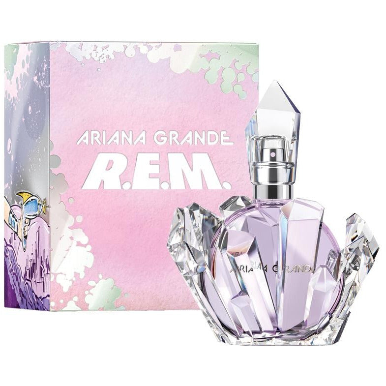 Ariana Grande R.E.M. Eau de Parfum bottle with a whimsical design, showcasing its unique shape and vibrant colors.