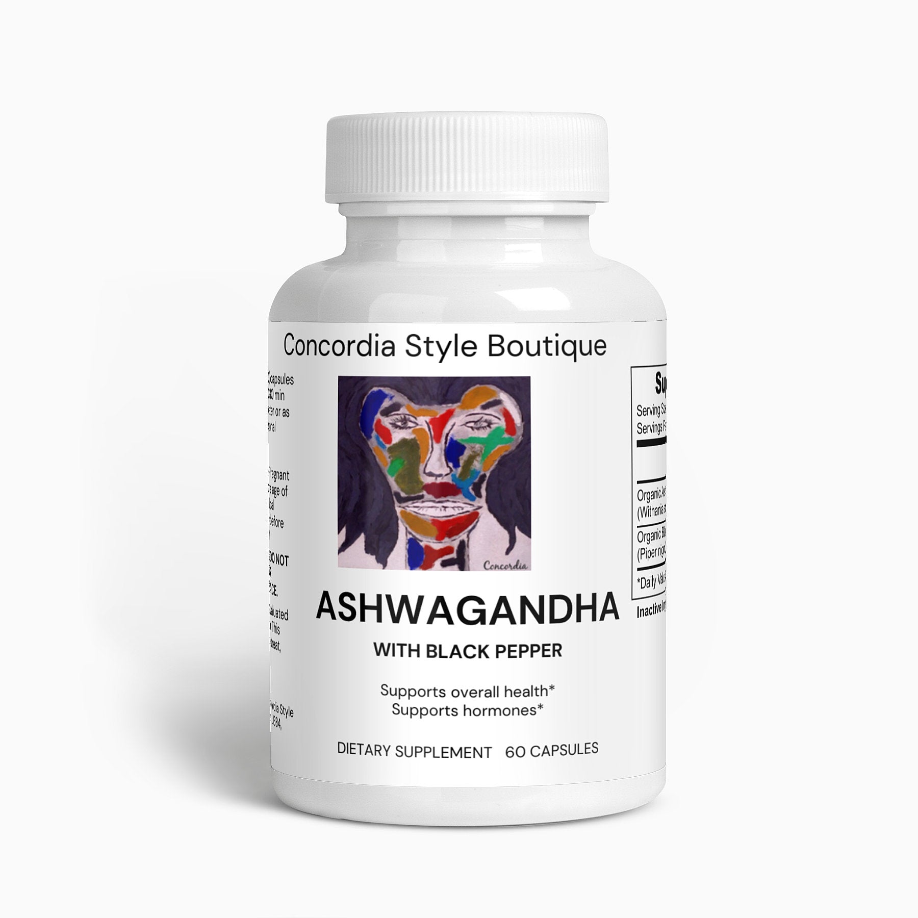 A bottle of organic Ashwagandha capsules with a green label, showcasing its natural ingredients and health benefits.