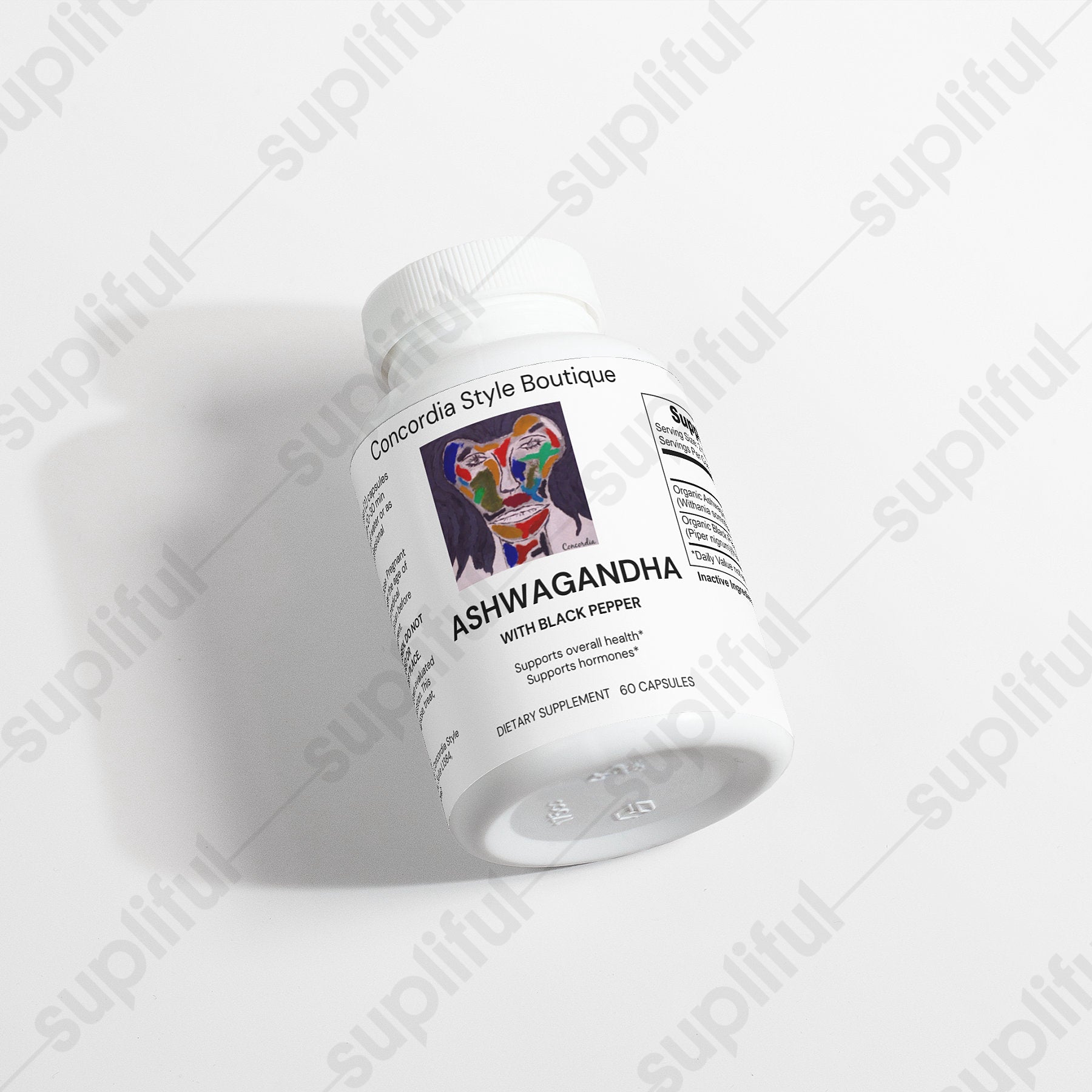 A bottle of organic Ashwagandha capsules with a green label, showcasing its natural ingredients and health benefits.