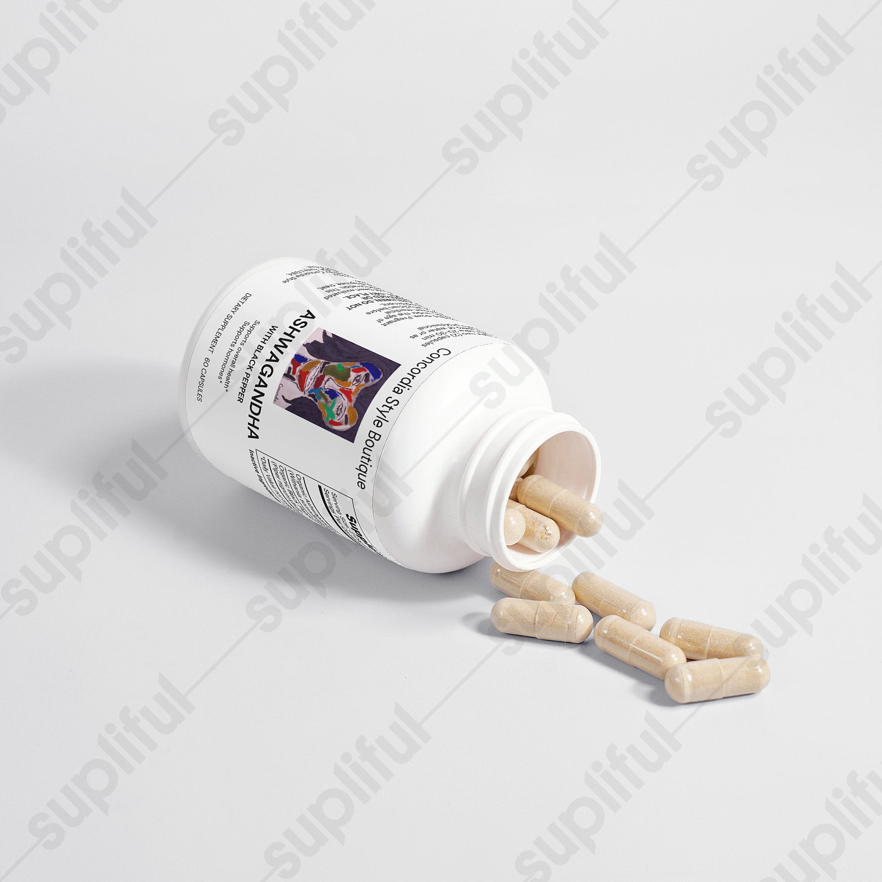 A bottle of organic Ashwagandha capsules with a green label, showcasing its natural ingredients and health benefits.