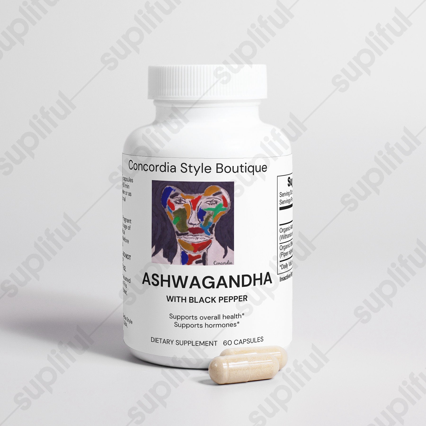 A bottle of organic Ashwagandha capsules with a green label, showcasing its natural ingredients and health benefits.