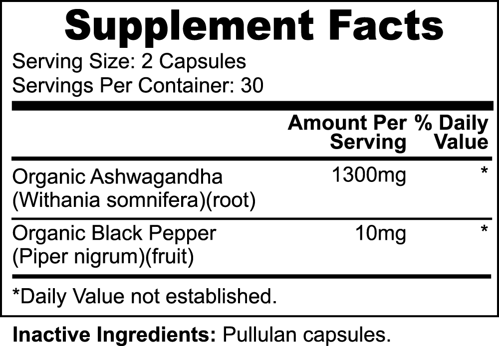 A bottle of organic Ashwagandha capsules with a green label, showcasing its natural ingredients and health benefits.