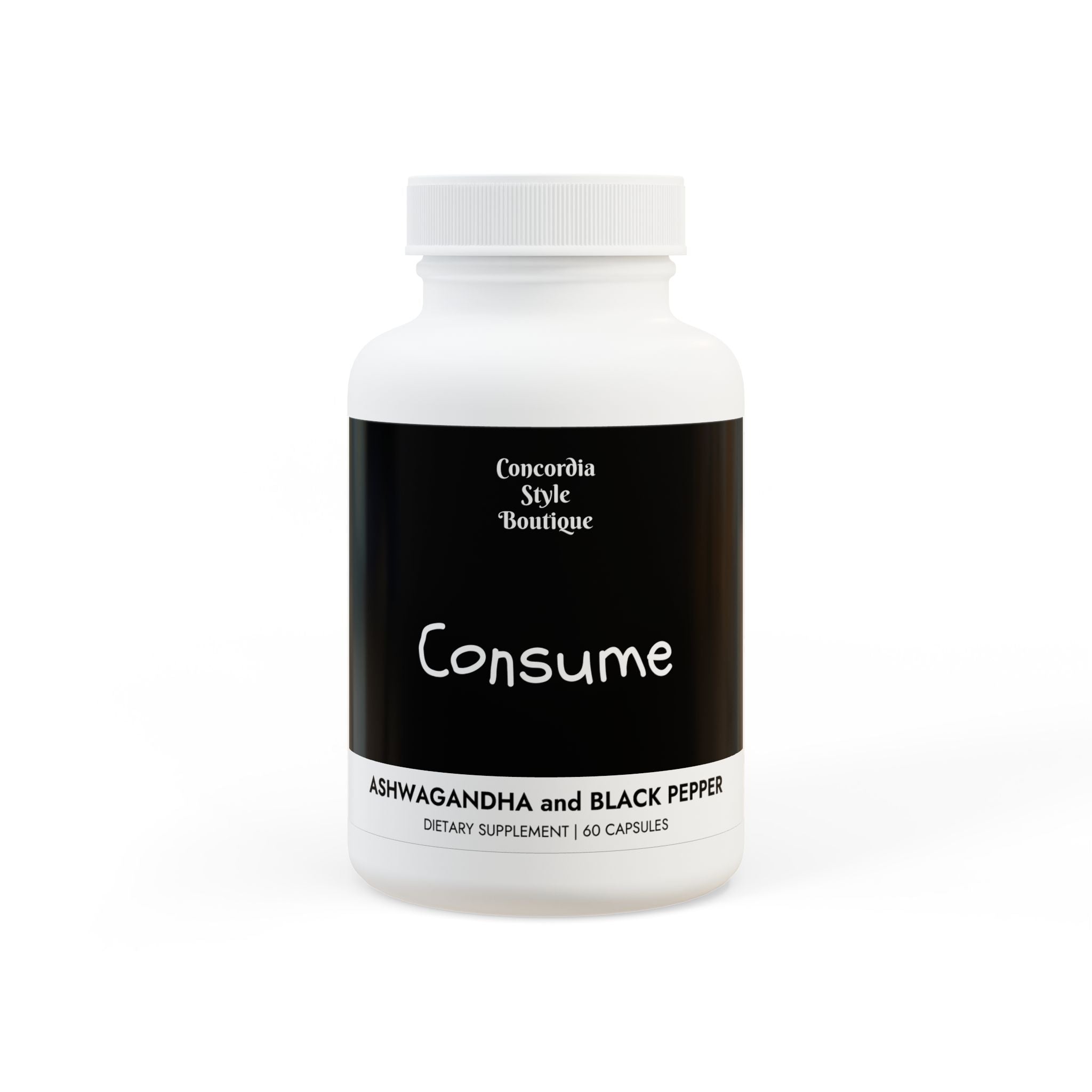 Bottle of Ashwagandha and Black Pepper supplement with 60 vegetable capsules, showcasing its vegan-friendly and non-GMO features.